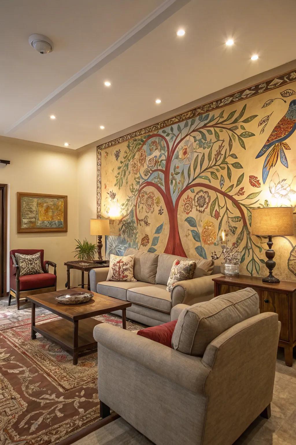 A custom mural turns the feature wall into a personal statement piece.