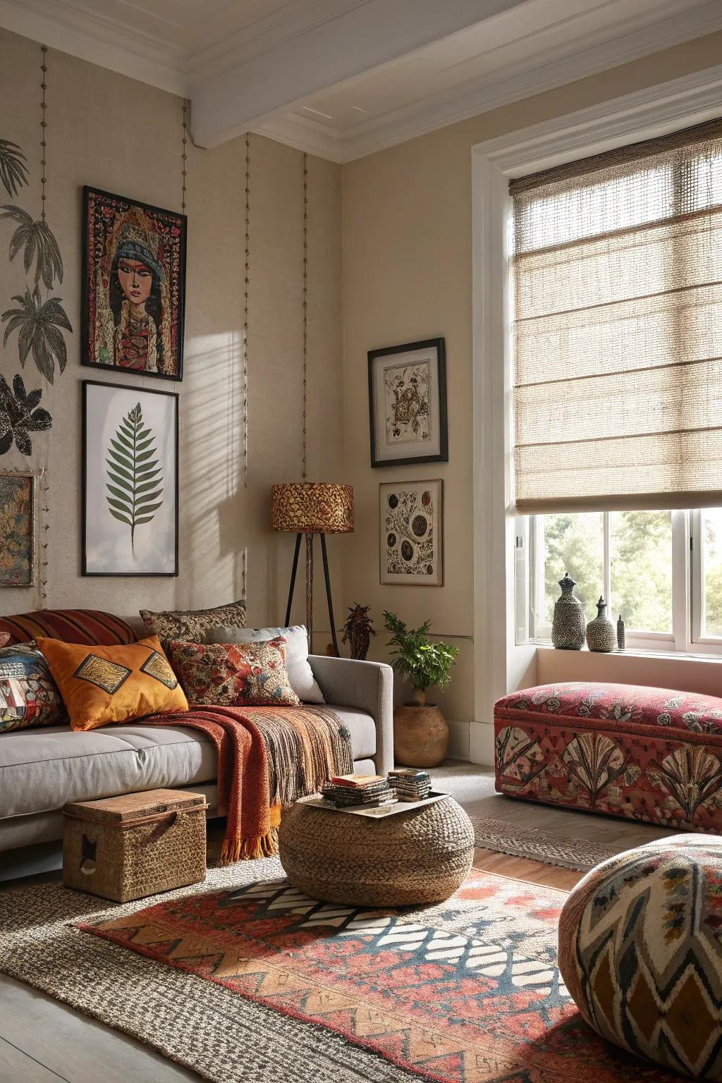 For a creative statement, use printed window treatments.
