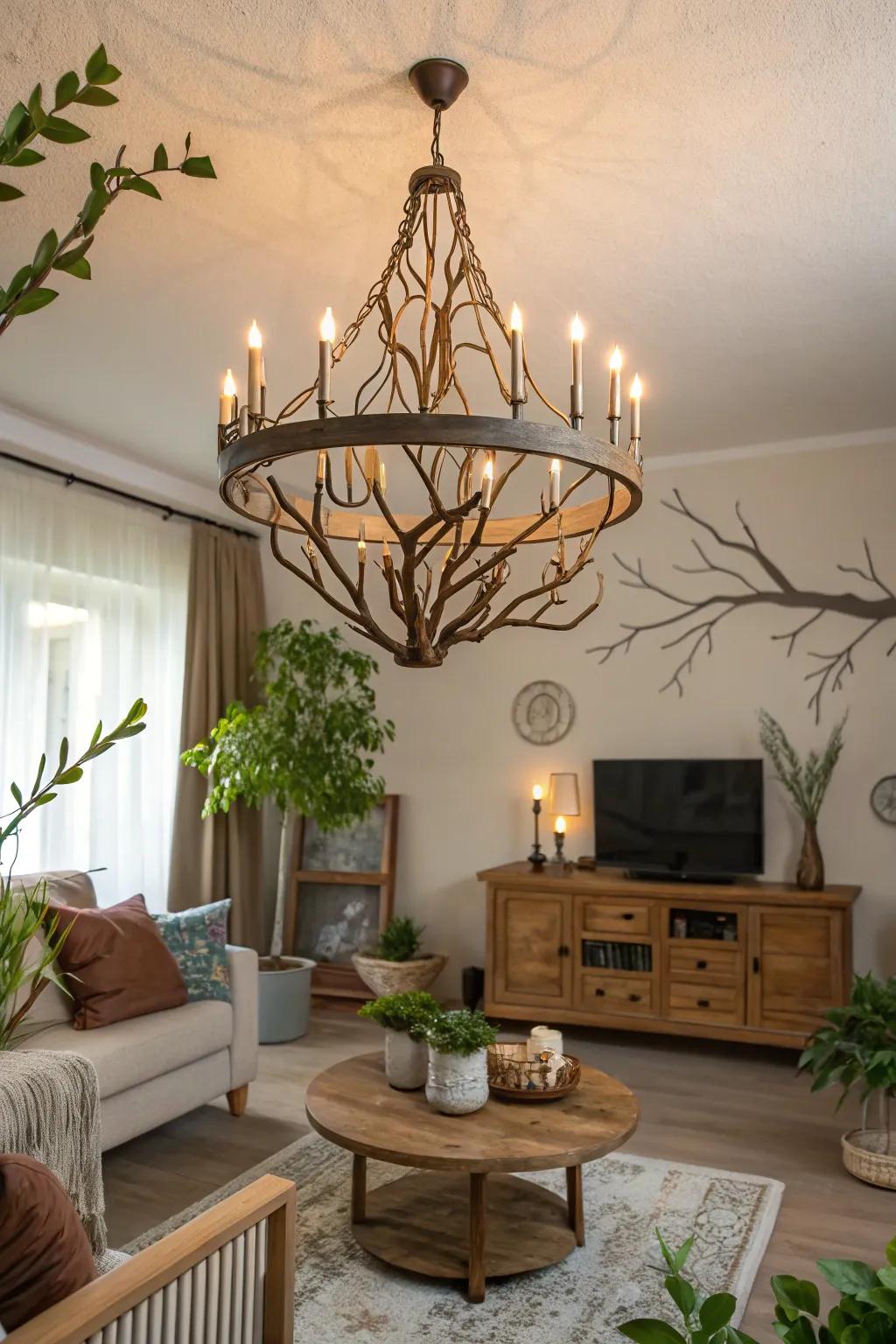 A living room featuring a chandelier with branch designs for a nature-inspired aesthetic.
