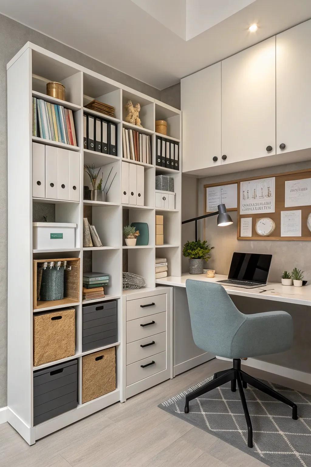 An office supply station using cube storage for a productive workspace.
