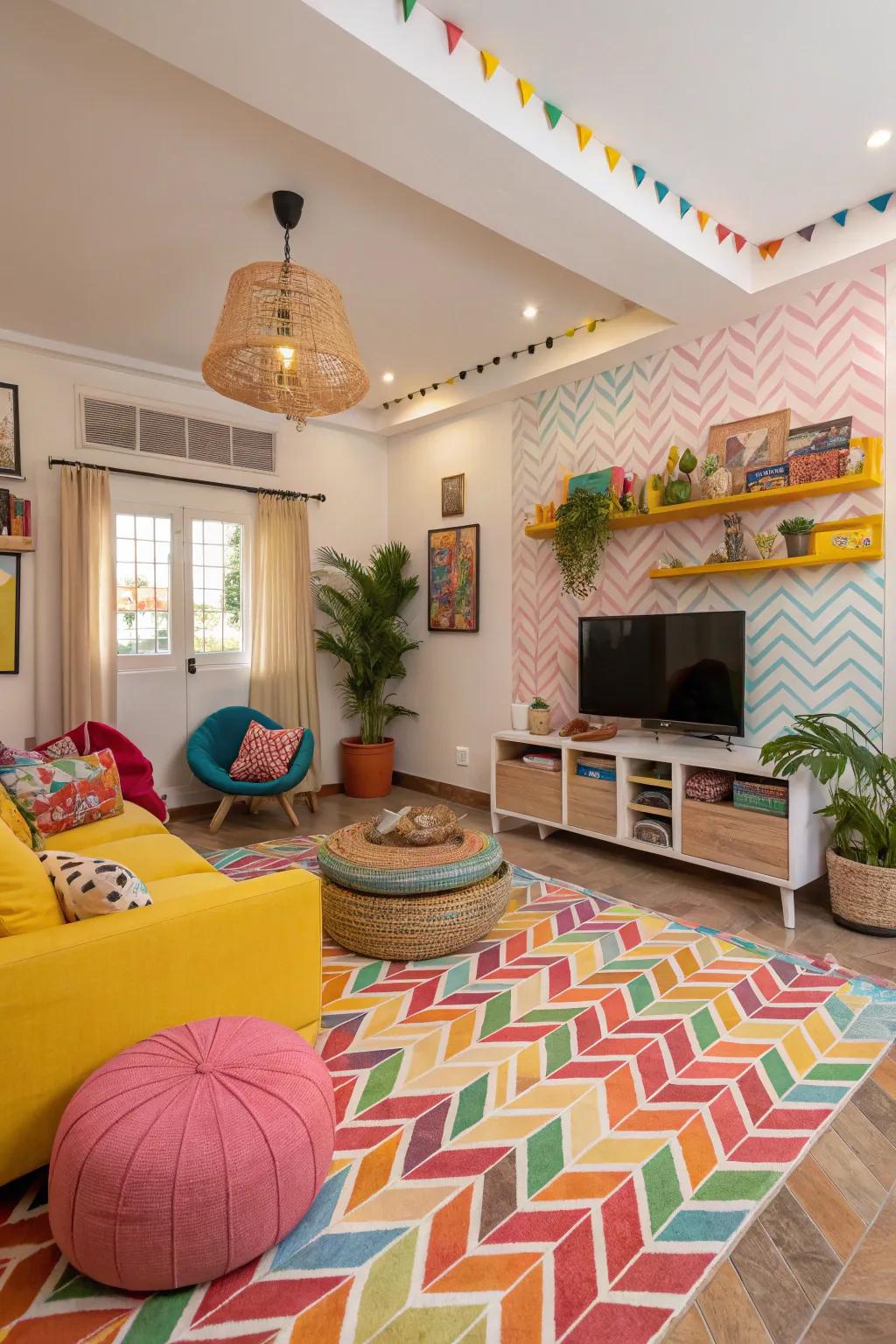 Vibrant living area with colorful herringbone tiles.