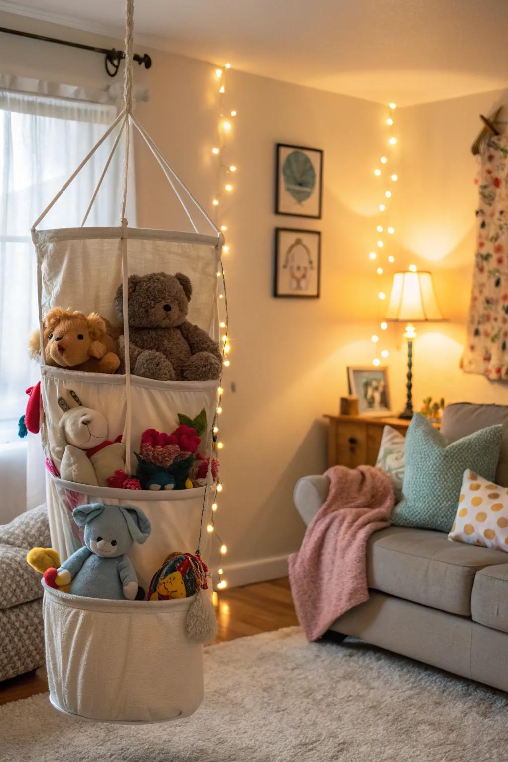 Hanging storage saves space and brings in a playful element.