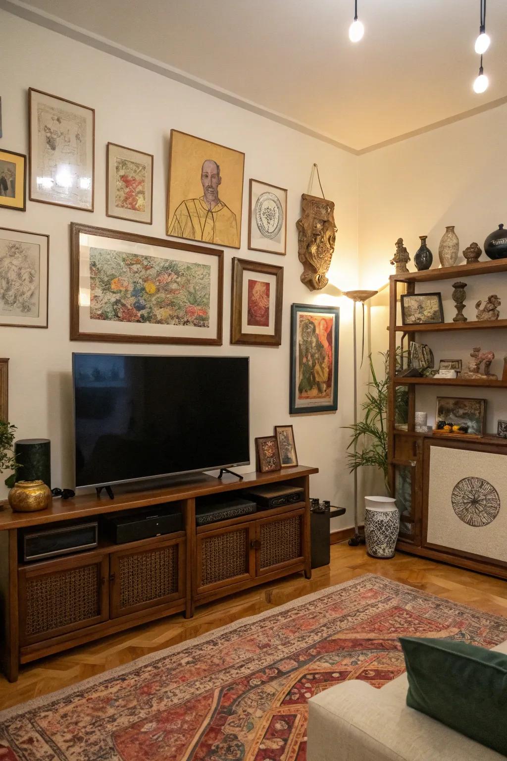Artistic pieces enhance the decor near the TV.