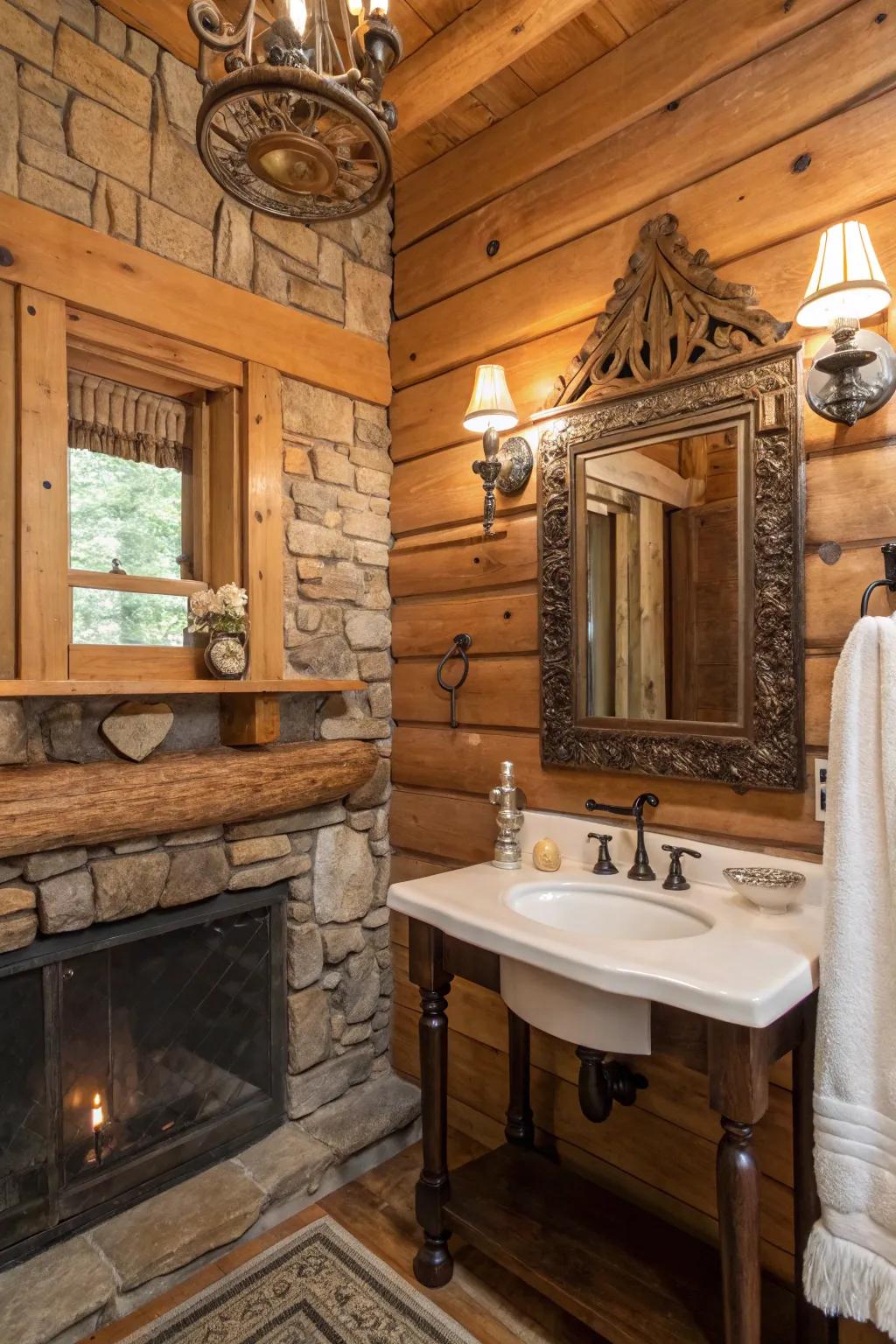 A log cabin bathroom with antique decor pieces.