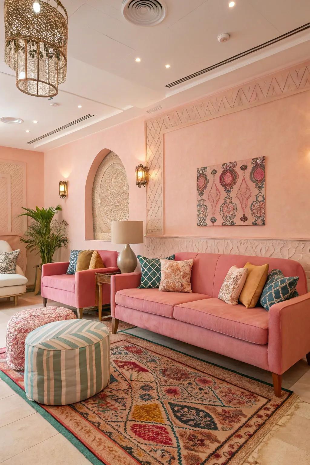 The living room has a calming and well-balanced atmosphere thanks to a pastel color scheme.