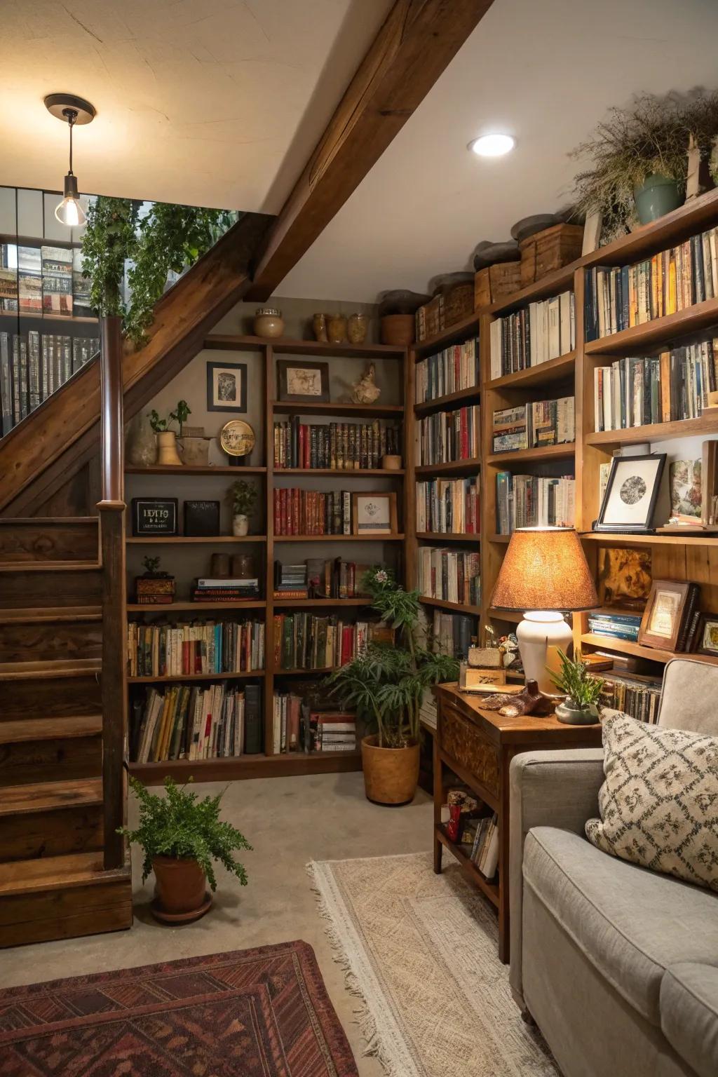 High bookshelves add height and storage to a basement.