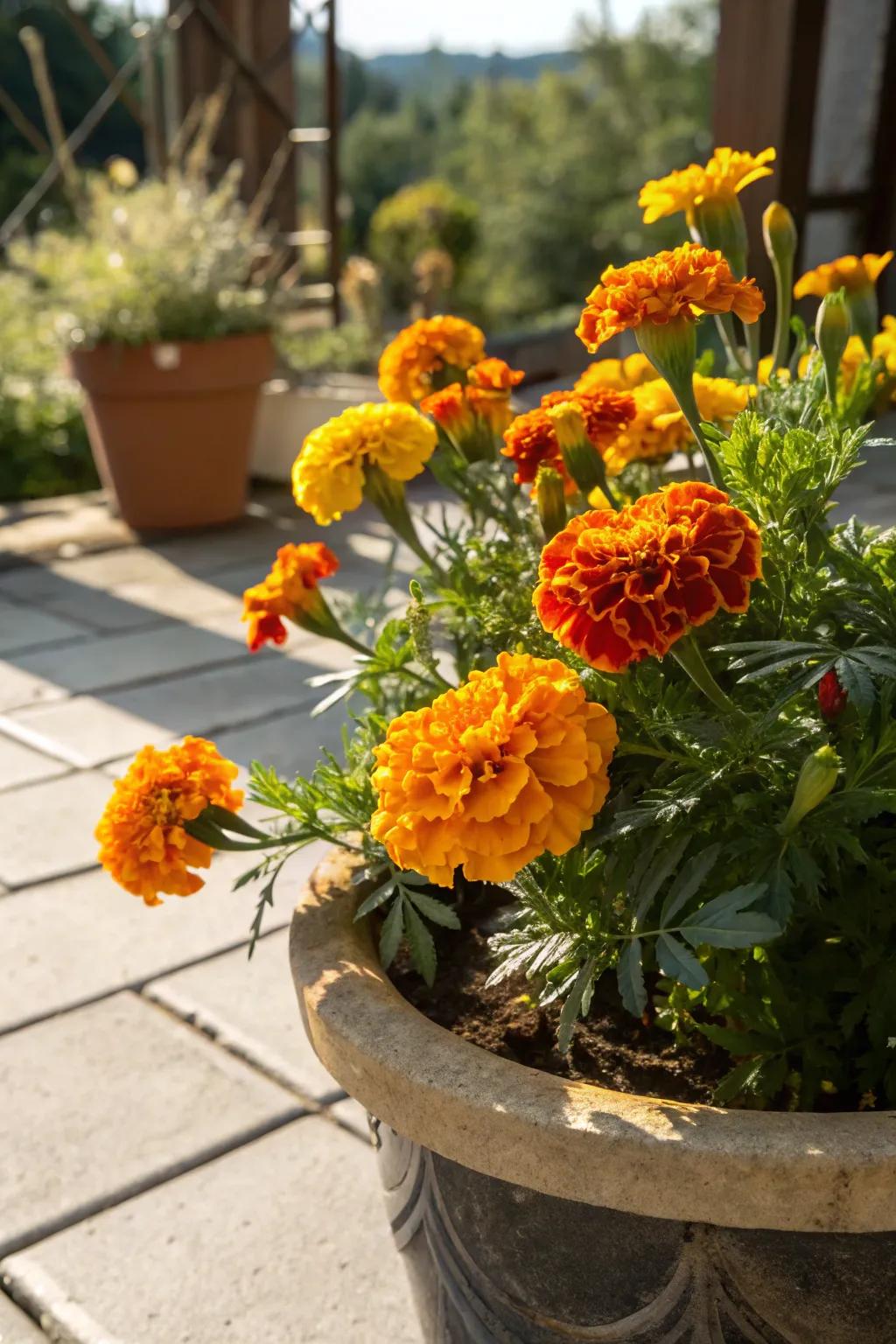 Marigolds glowing in full sun.