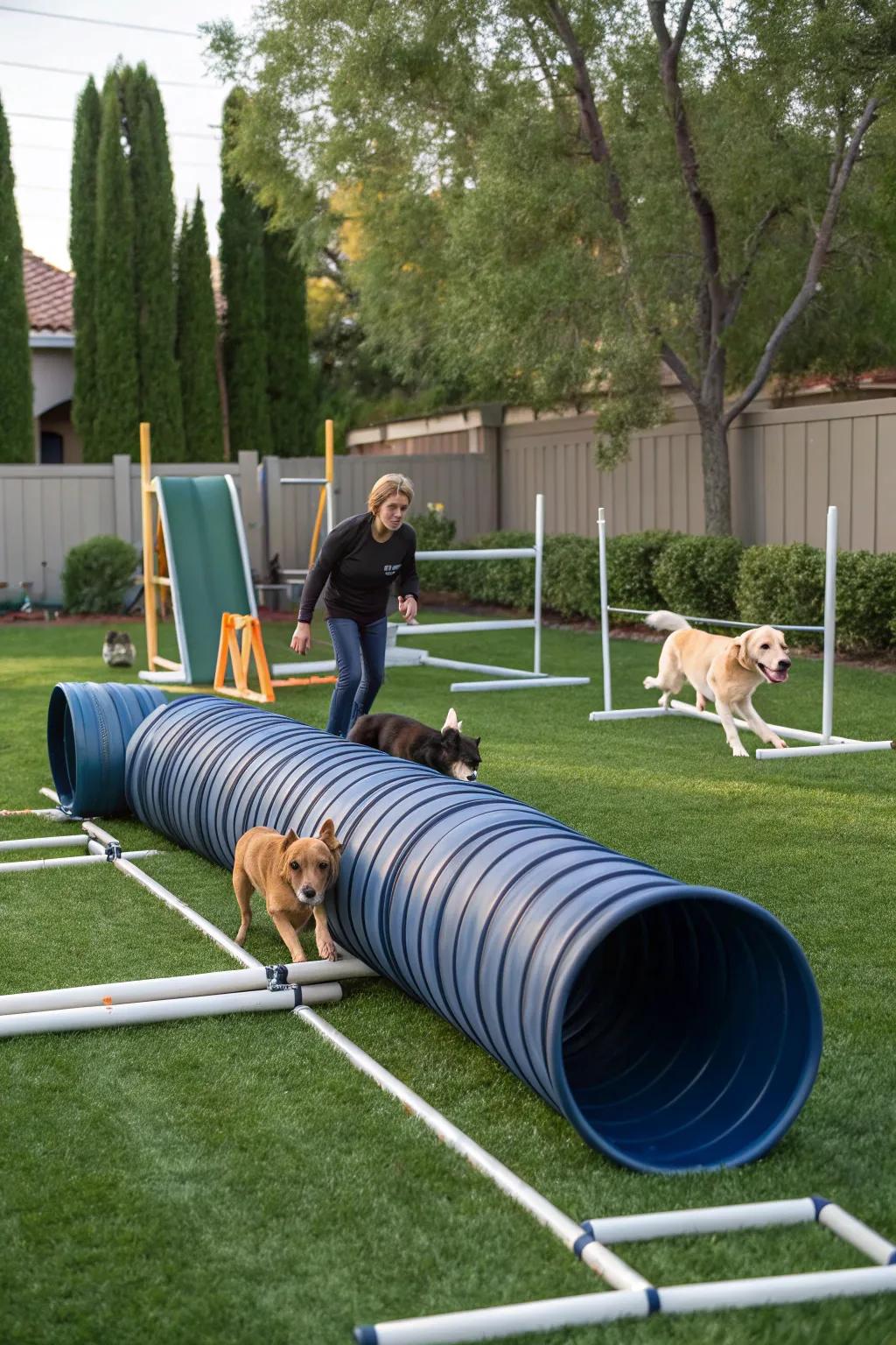 A fun garden with agility elements for active pets.