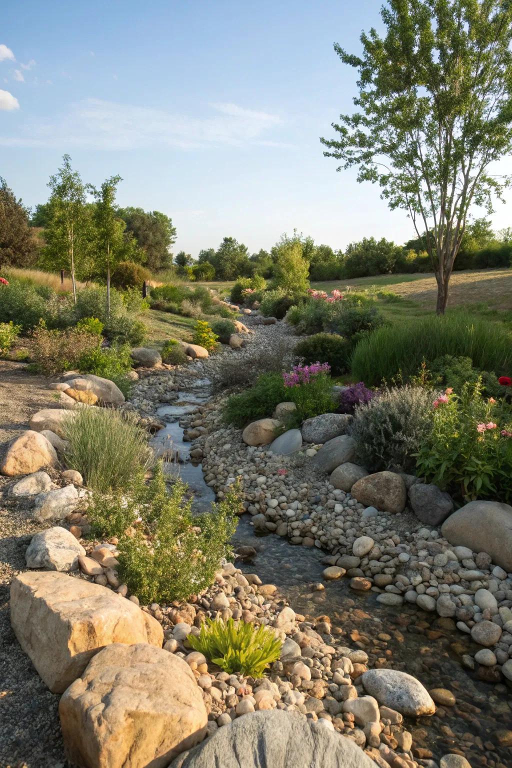 A dry stream bed adds dynamic movement.