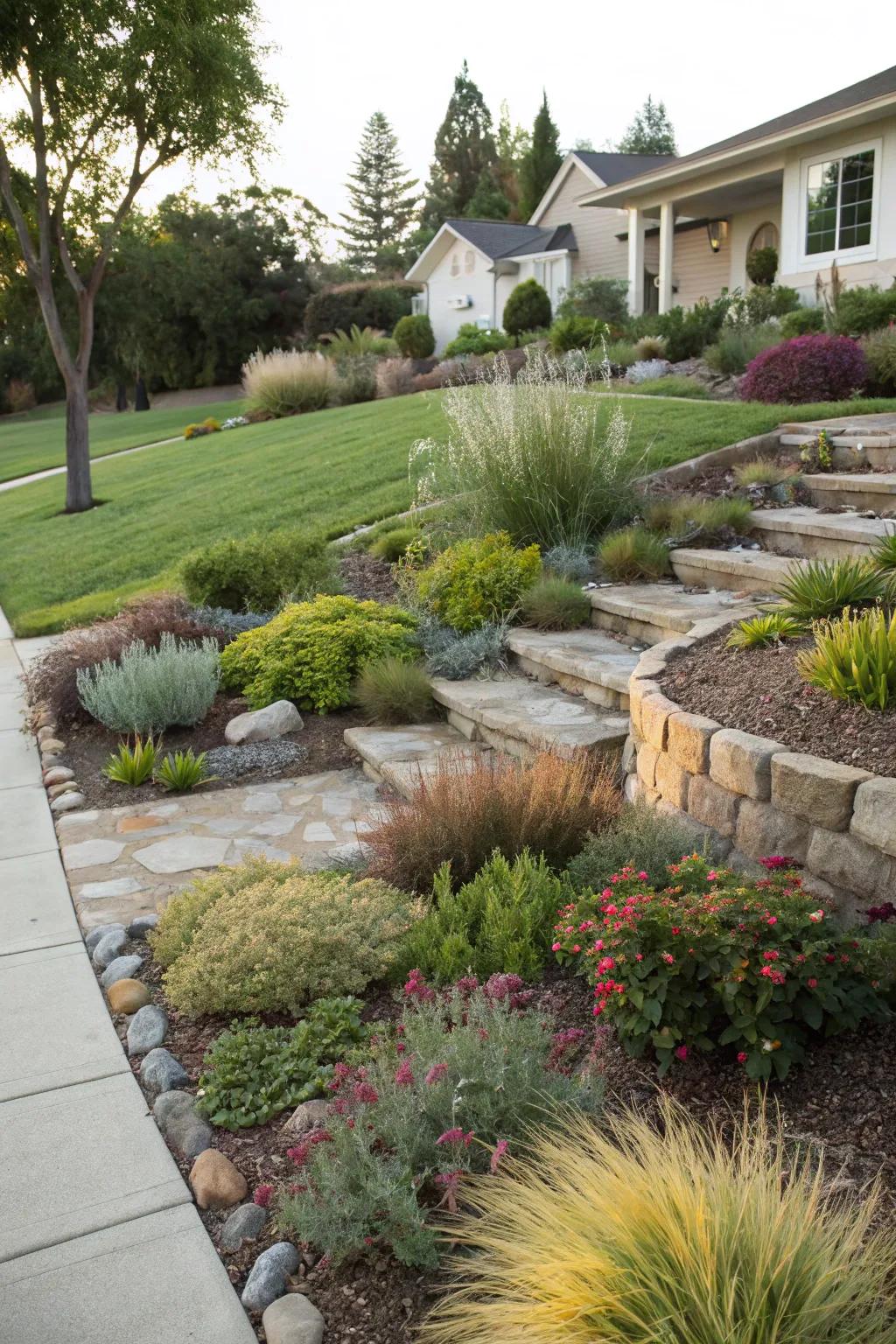 Tiered planting maximizes space and visual interest in a xeriscape.