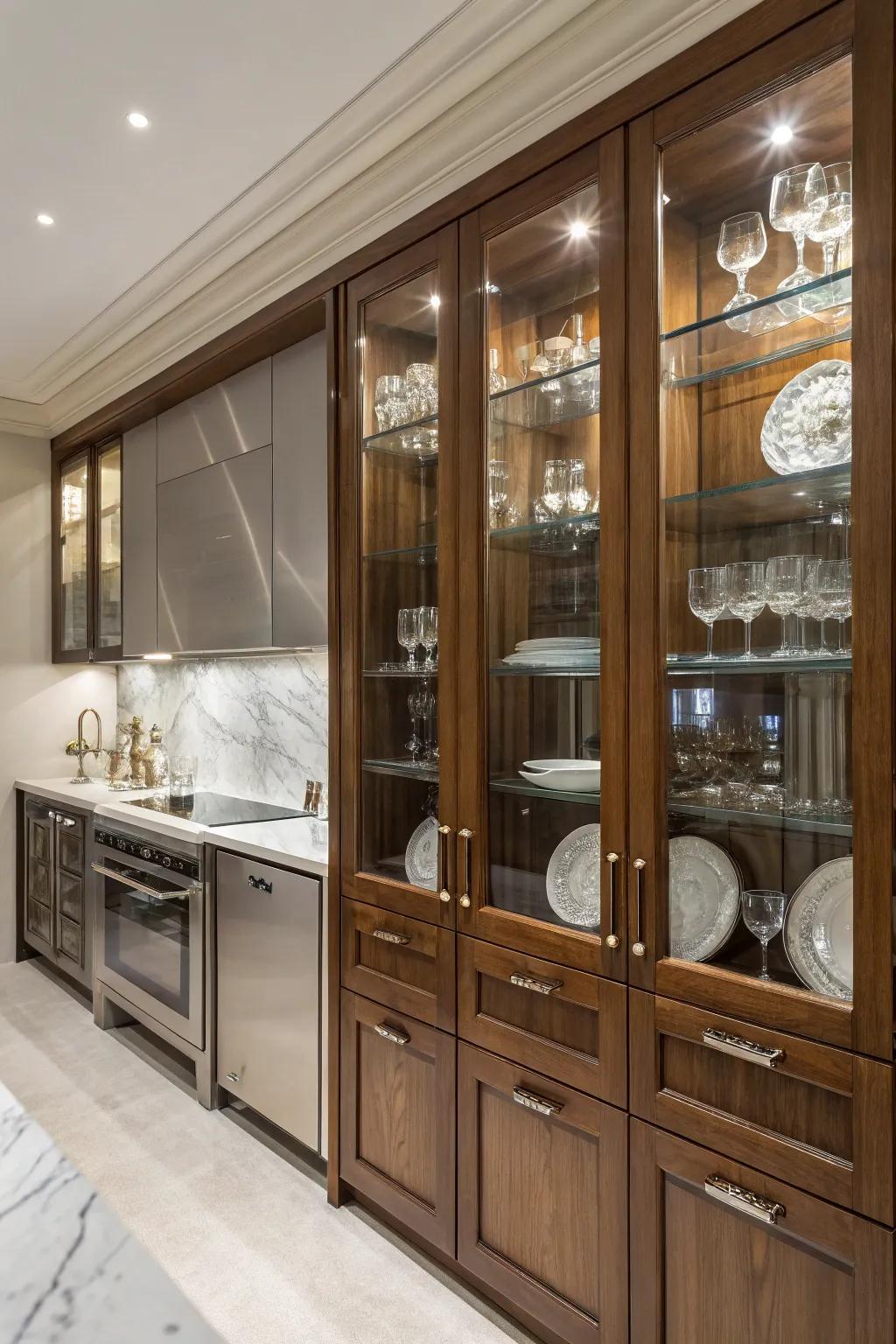Crystal cupboard doors display beautiful dishware.