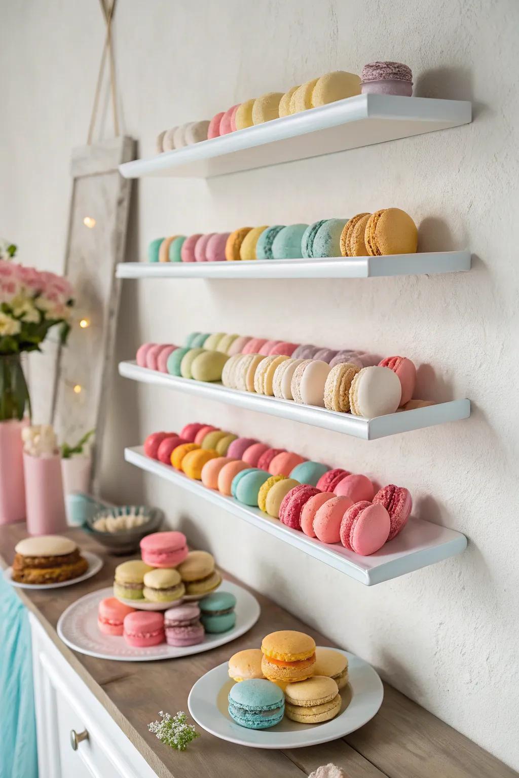 Wall mounted ledges with neatly arranged macarons.