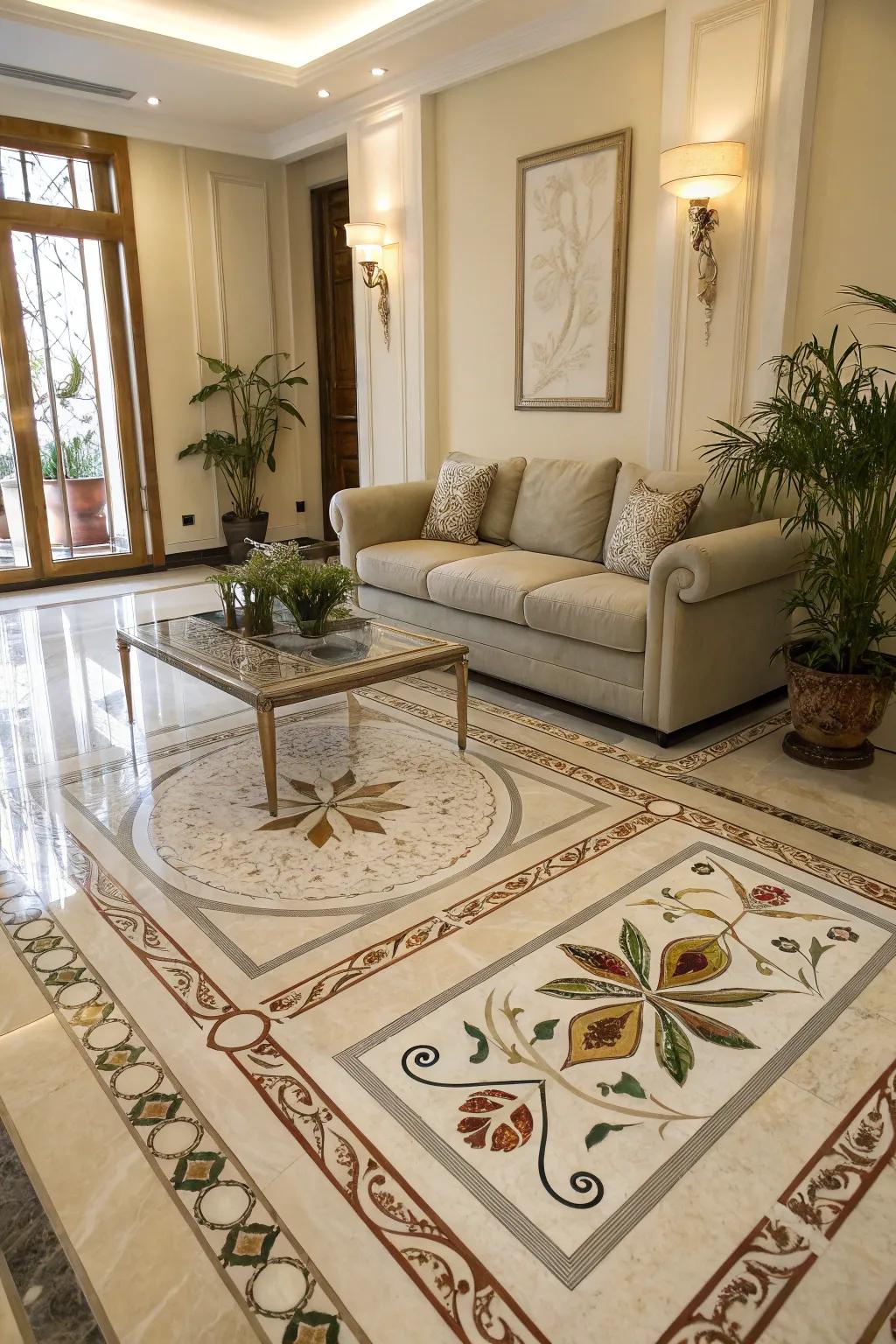 Artistic inlays create unique focal points in stone flooring.