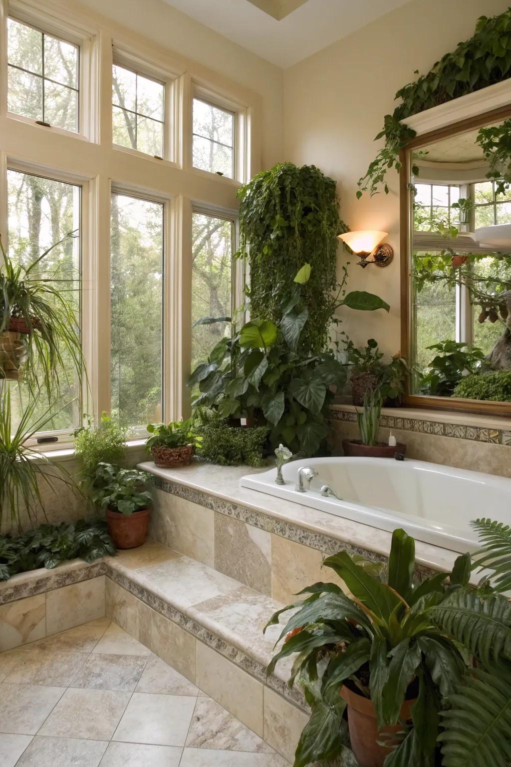 Greenery breathes life into this primary bathroom, creating a refreshing oasis.