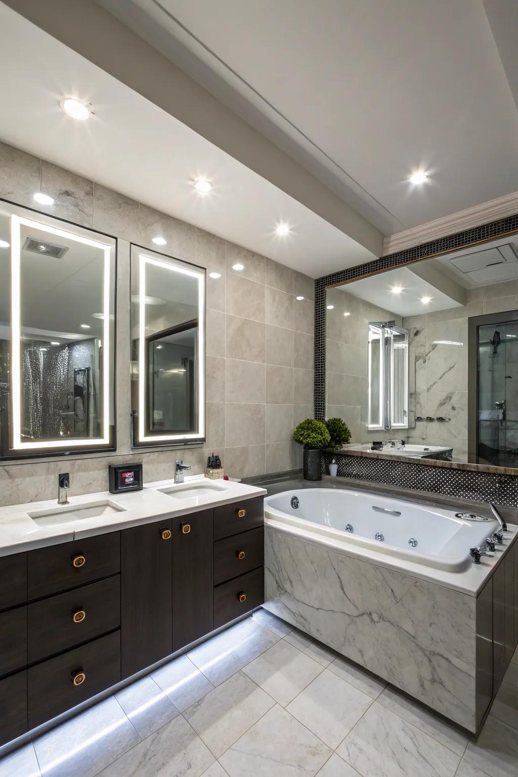Smart technology flawlessly integrates into the modern bathroom design.