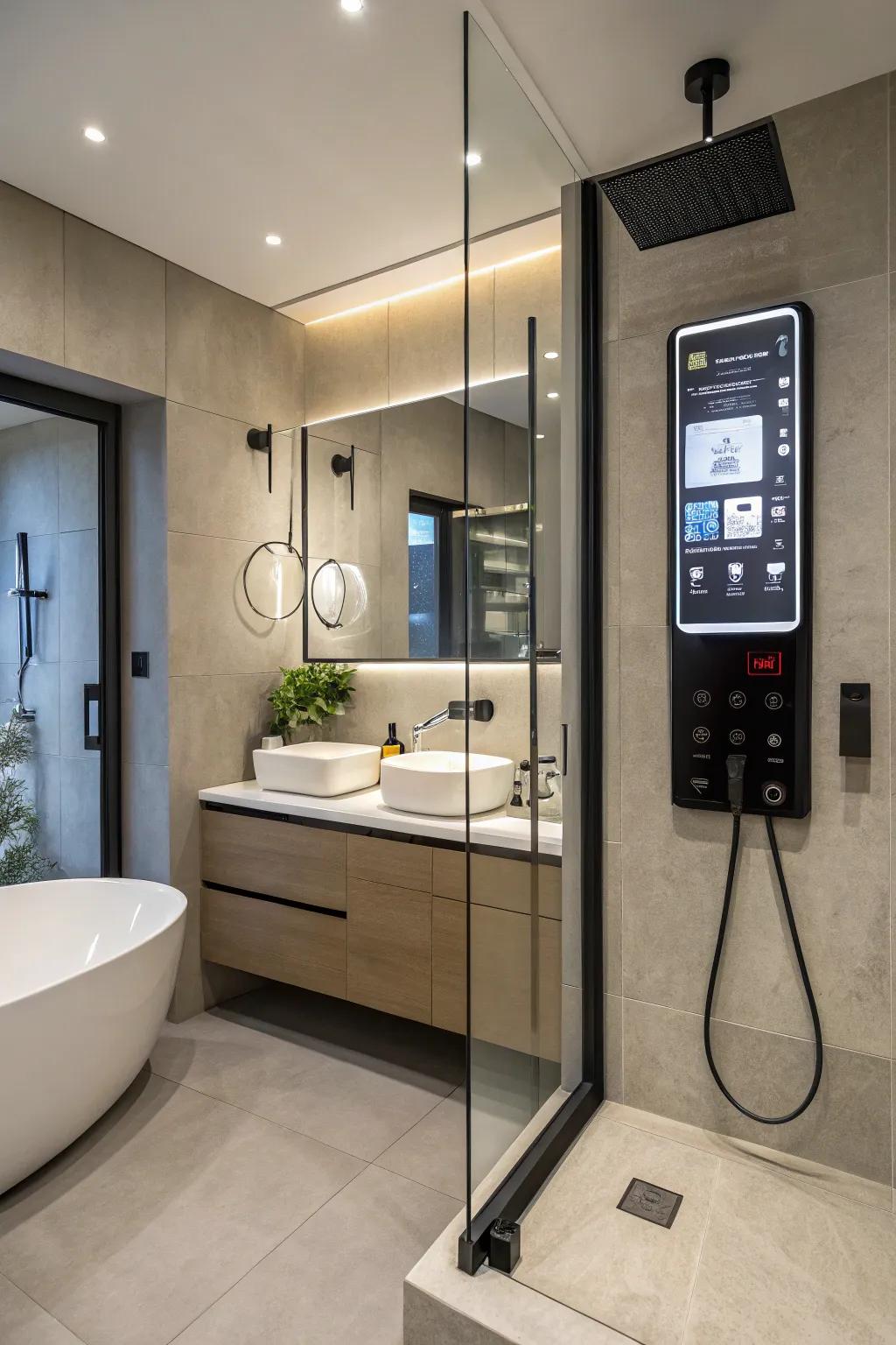 Modern bathroom featuring integrated automation for enhanced convenience.