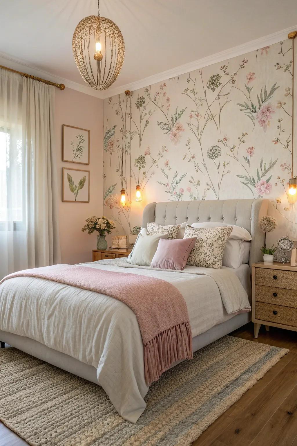 Soft tone background wallpaper creates a calming ambiance in a bedroom.