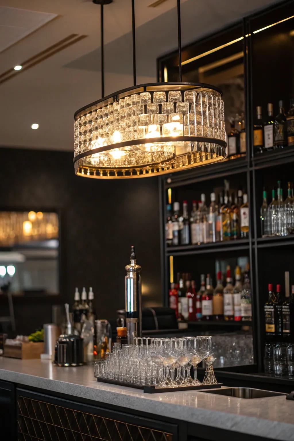 A statement light fixture becomes the centerpiece of the home bar.