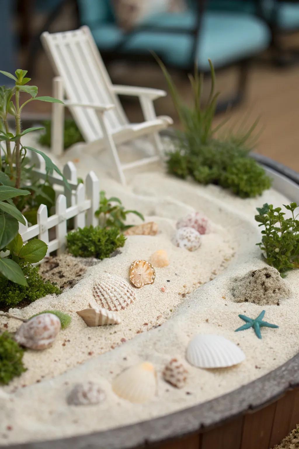 A themed miniature garden featuring a coastal scene, complete with sand and seashells.