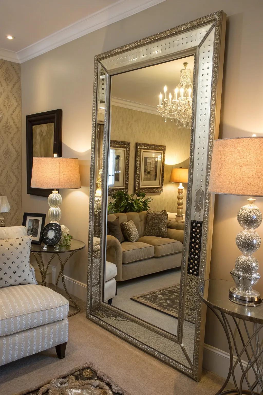 Angled mirrors bring elegance and a touch of sparkle.