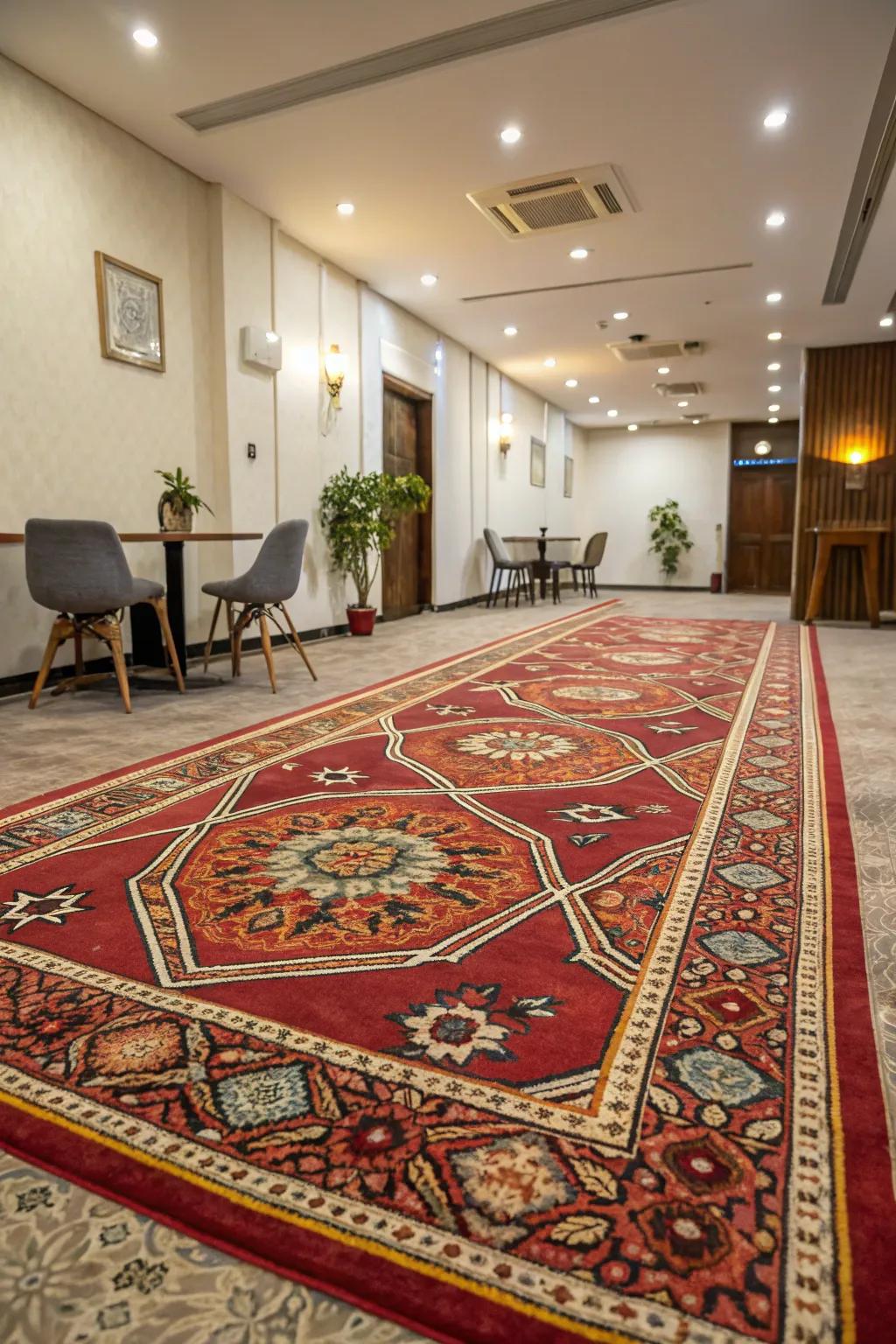 Room with an unexpected patterned carpet adding a wow factor.