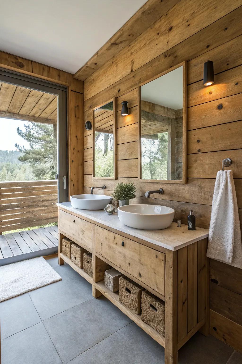 Repurposed materials infuse the bathroom with character and sustainability.