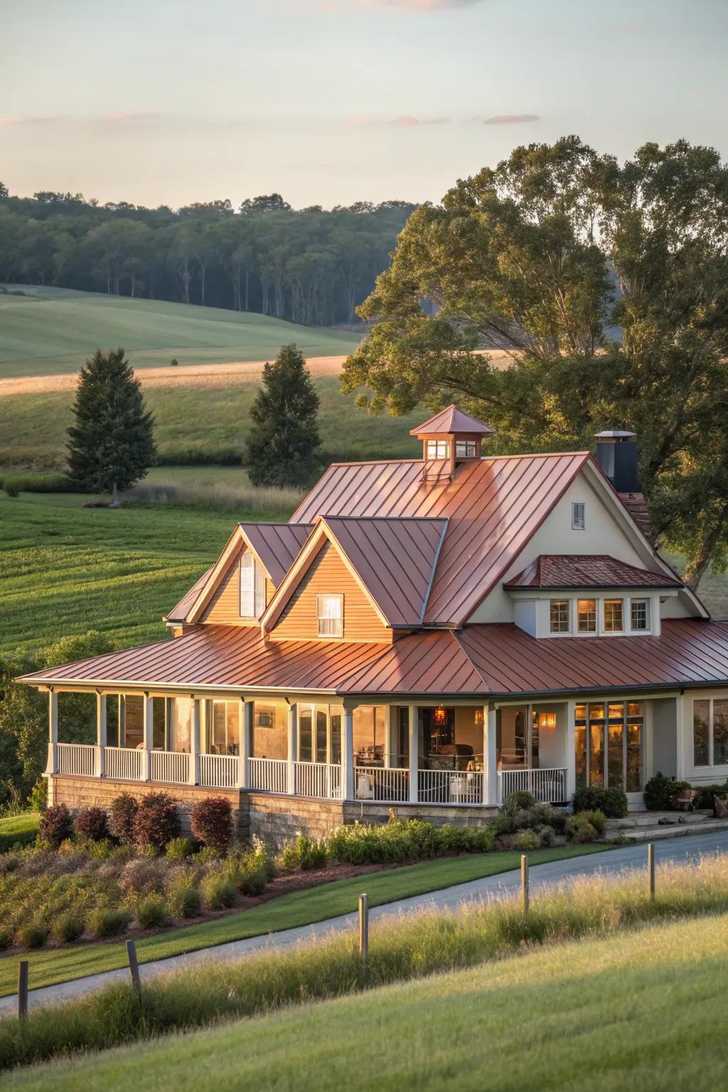 Luxurious warmth: A farmhouse featuring bronze accents on a metal roof.