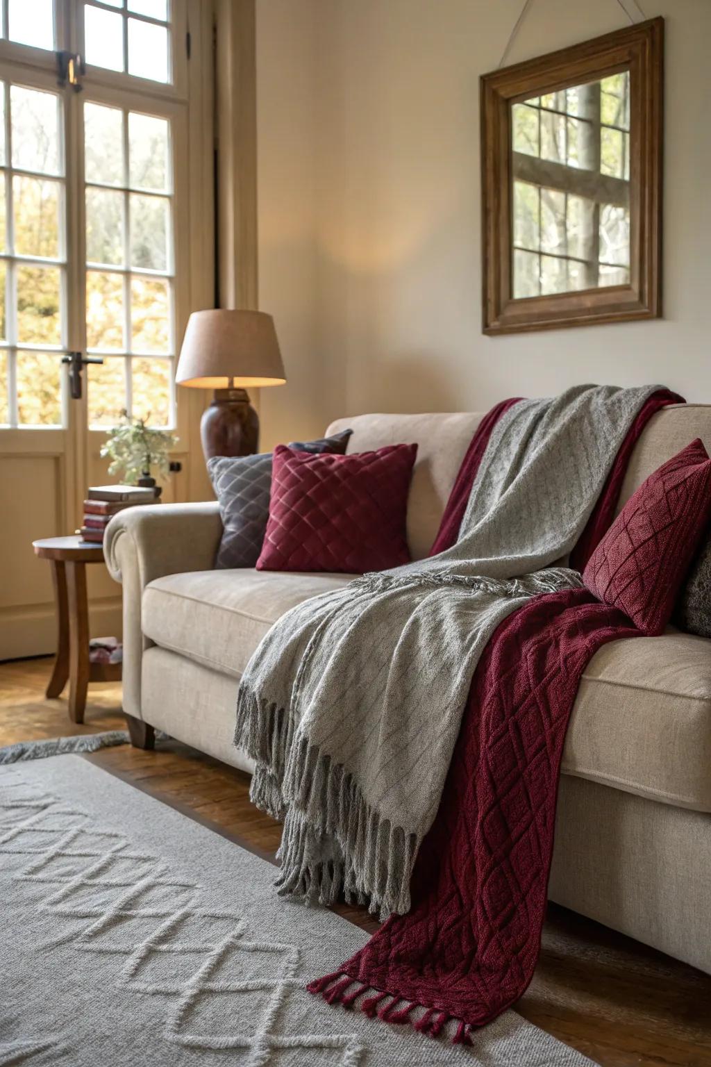 Living room with a combination of burgundy and grey throws on a sofa.