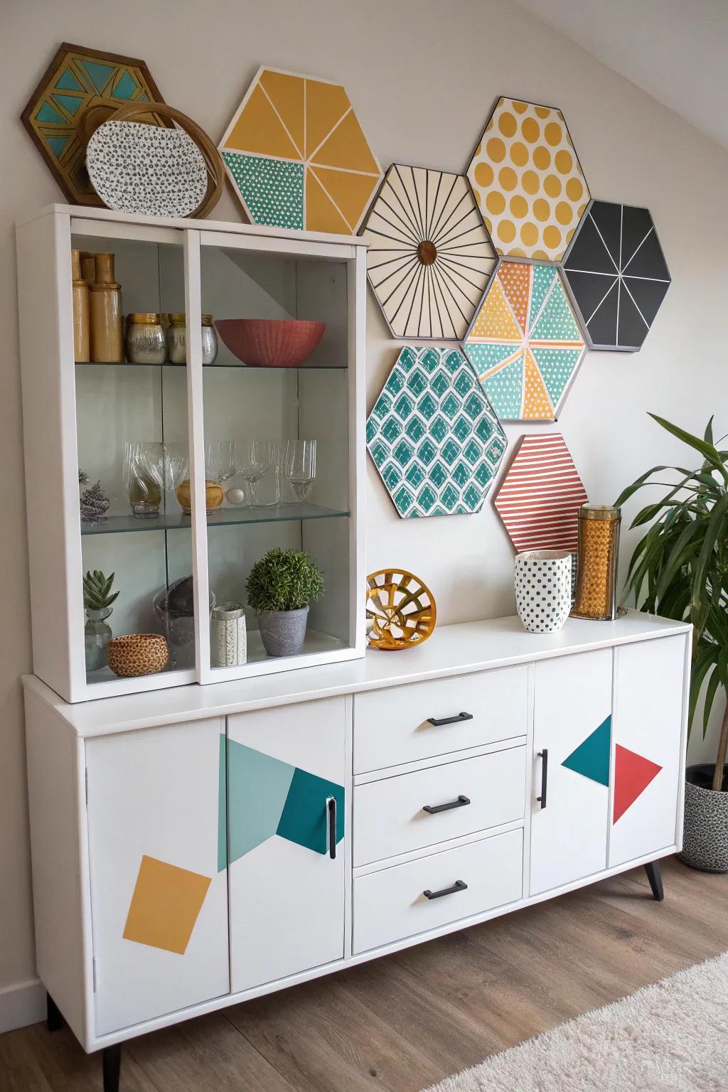 Geometric shapes add a contemporary and architectural feel to the display cabinet.