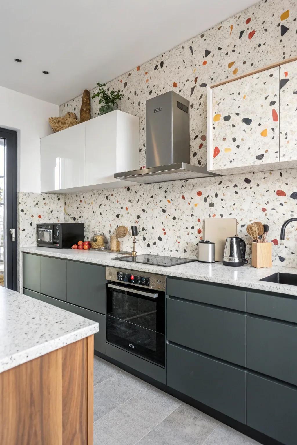 Terrazzo panels add playful texture and color.