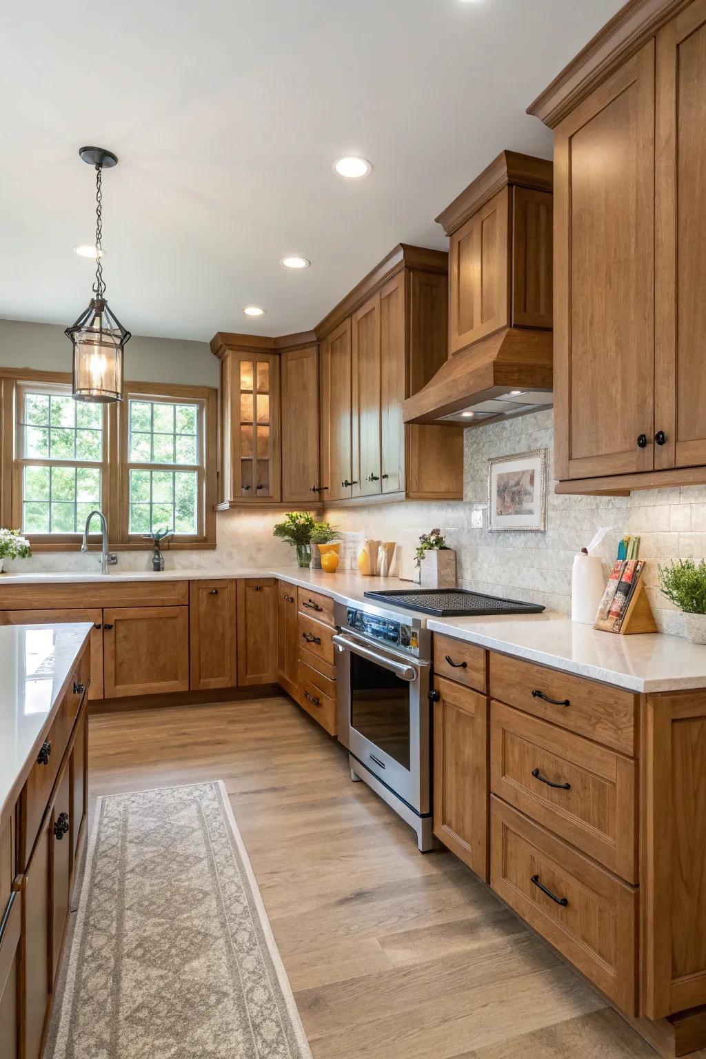 Evenness in design creates balance and harmony in oak cabinet kitchens.