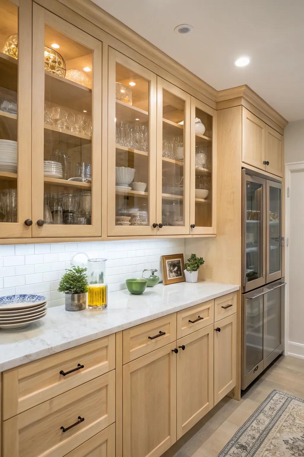 Transparent cabinet doors introduce openness and display opportunities in a kitchen.
