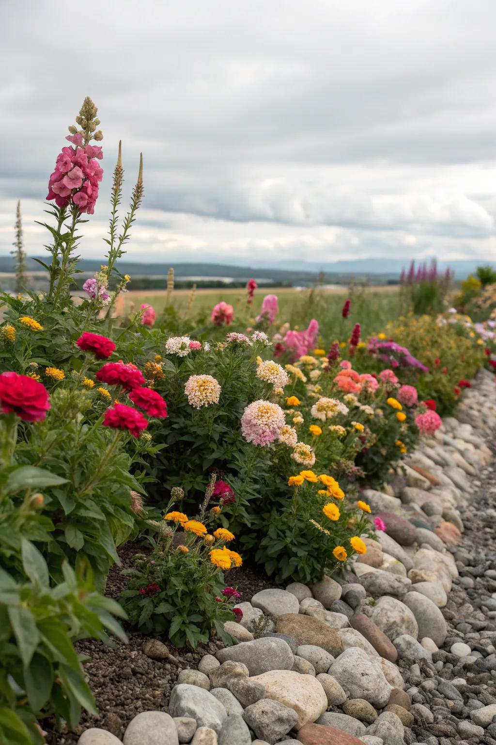 Rock borders provide definition and contrast to colorful flower beds.