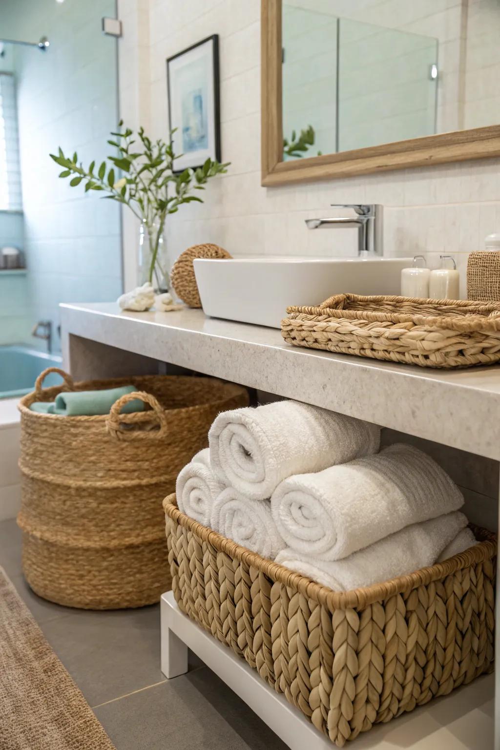 Interwoven baskets providing a chic means to present towels.