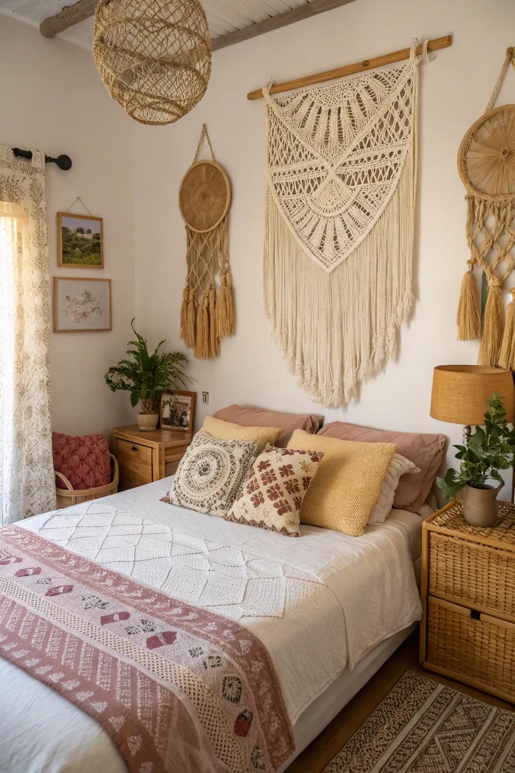 A bohemian twist adds a relaxed vibe to this modern shabby chic bedroom.