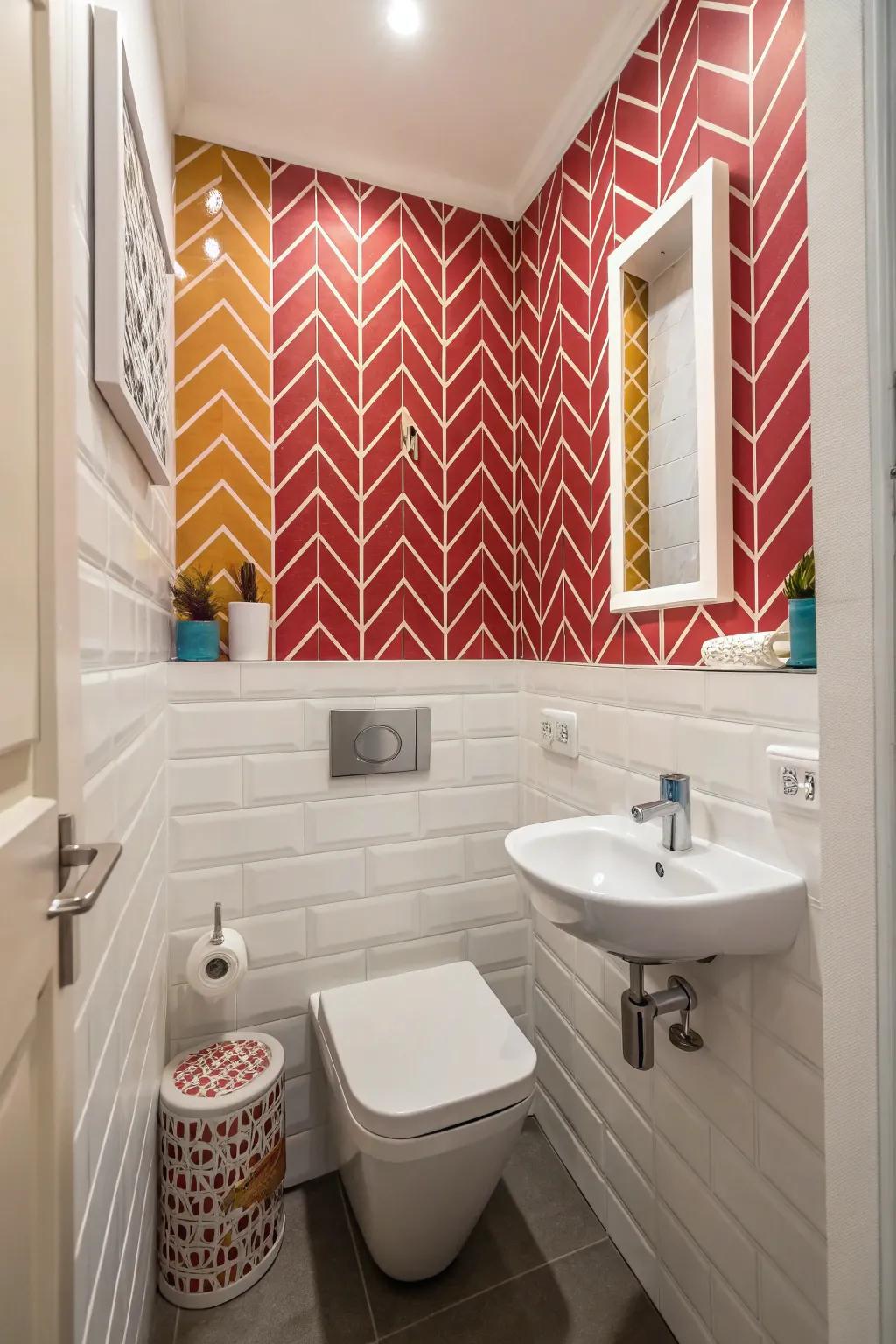 A feature wall adds personality to this small bathroom.