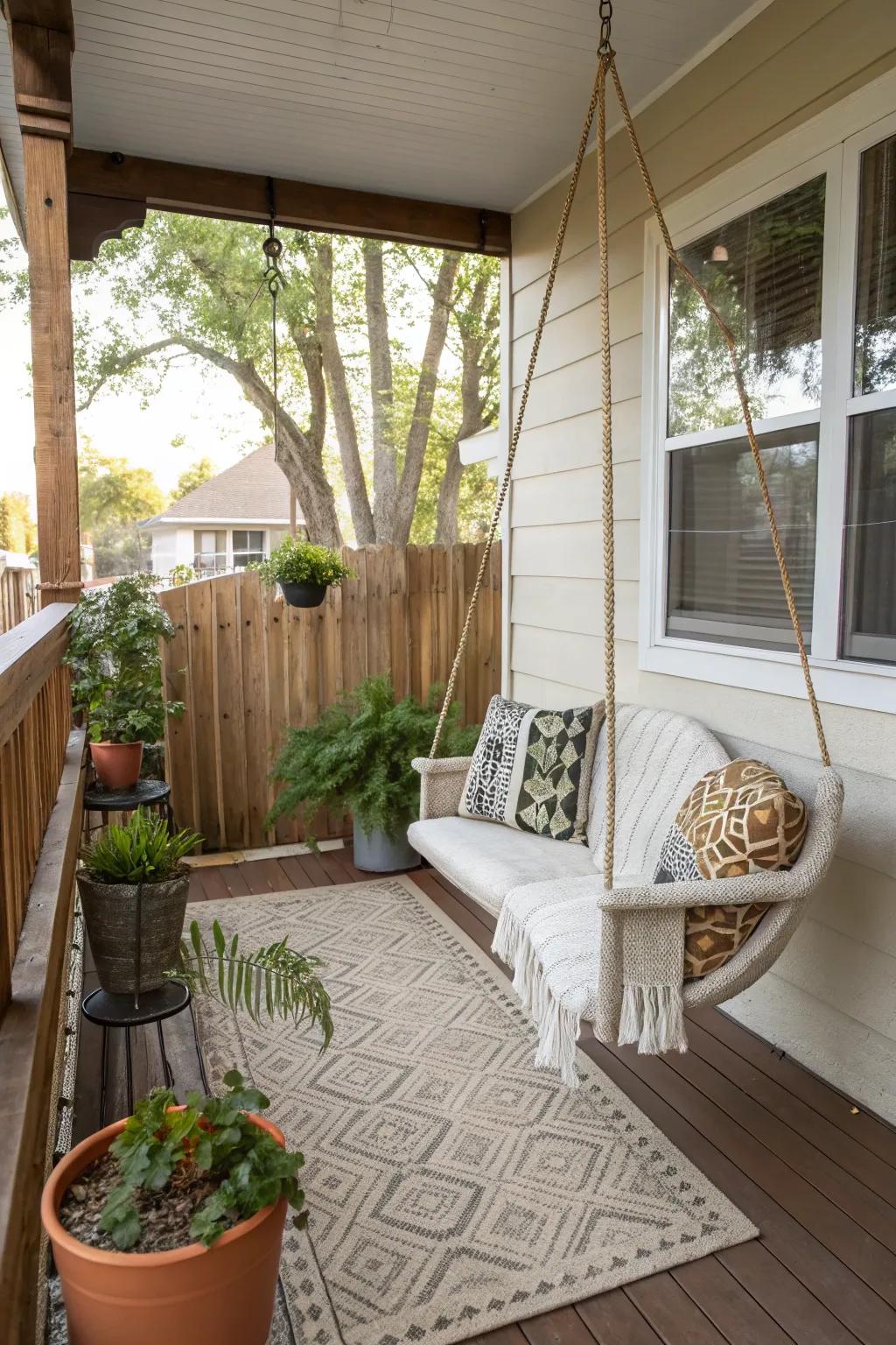 A compact front porch featuring a charming rocking chair for relaxation.