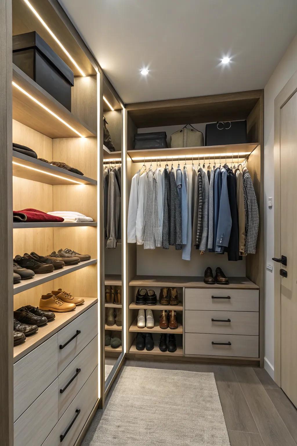 Built-in lighting highlights your wardrobe elegantly.