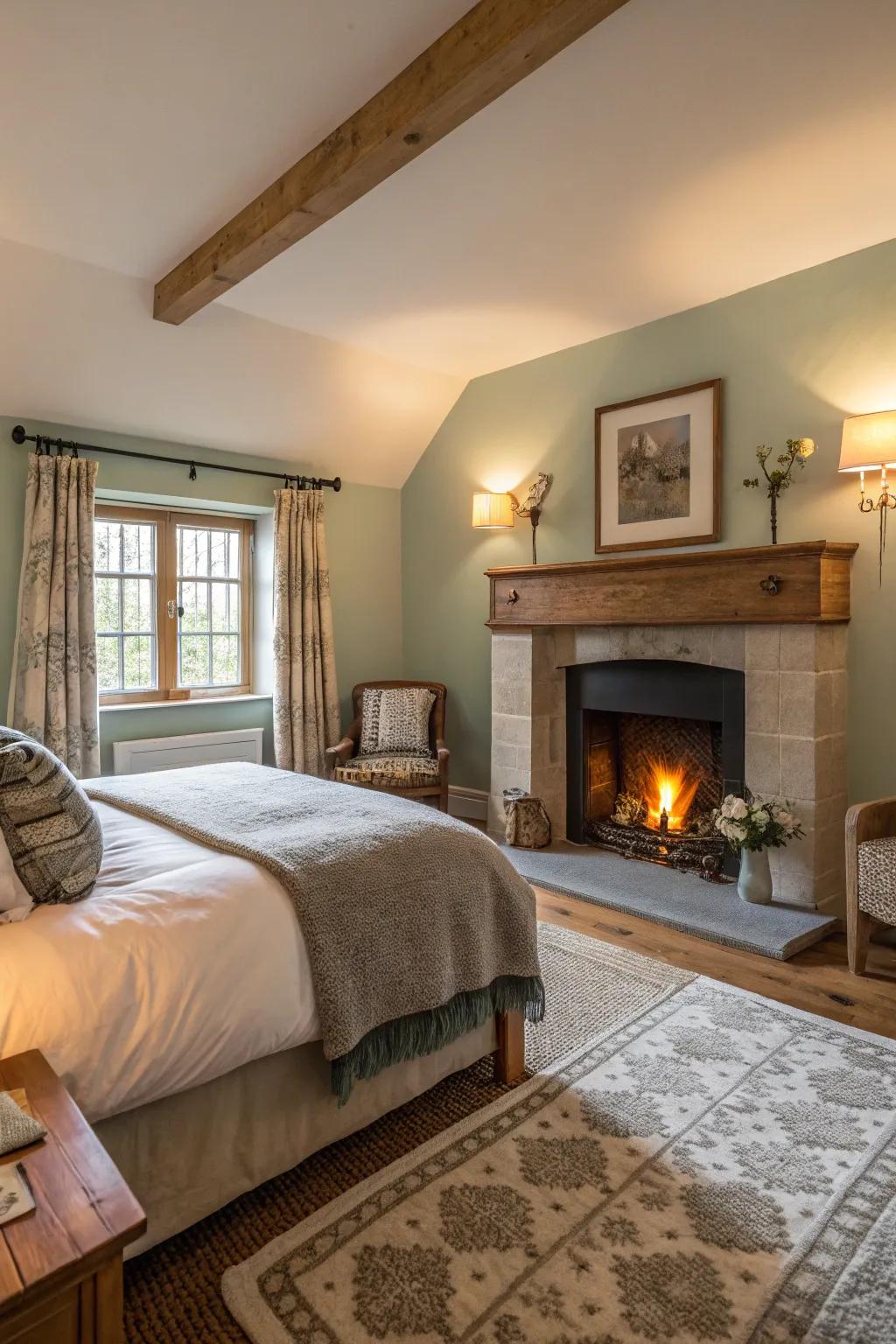 A snug fireplace establishes warmth and a focal point in a modern Spanish bedroom.