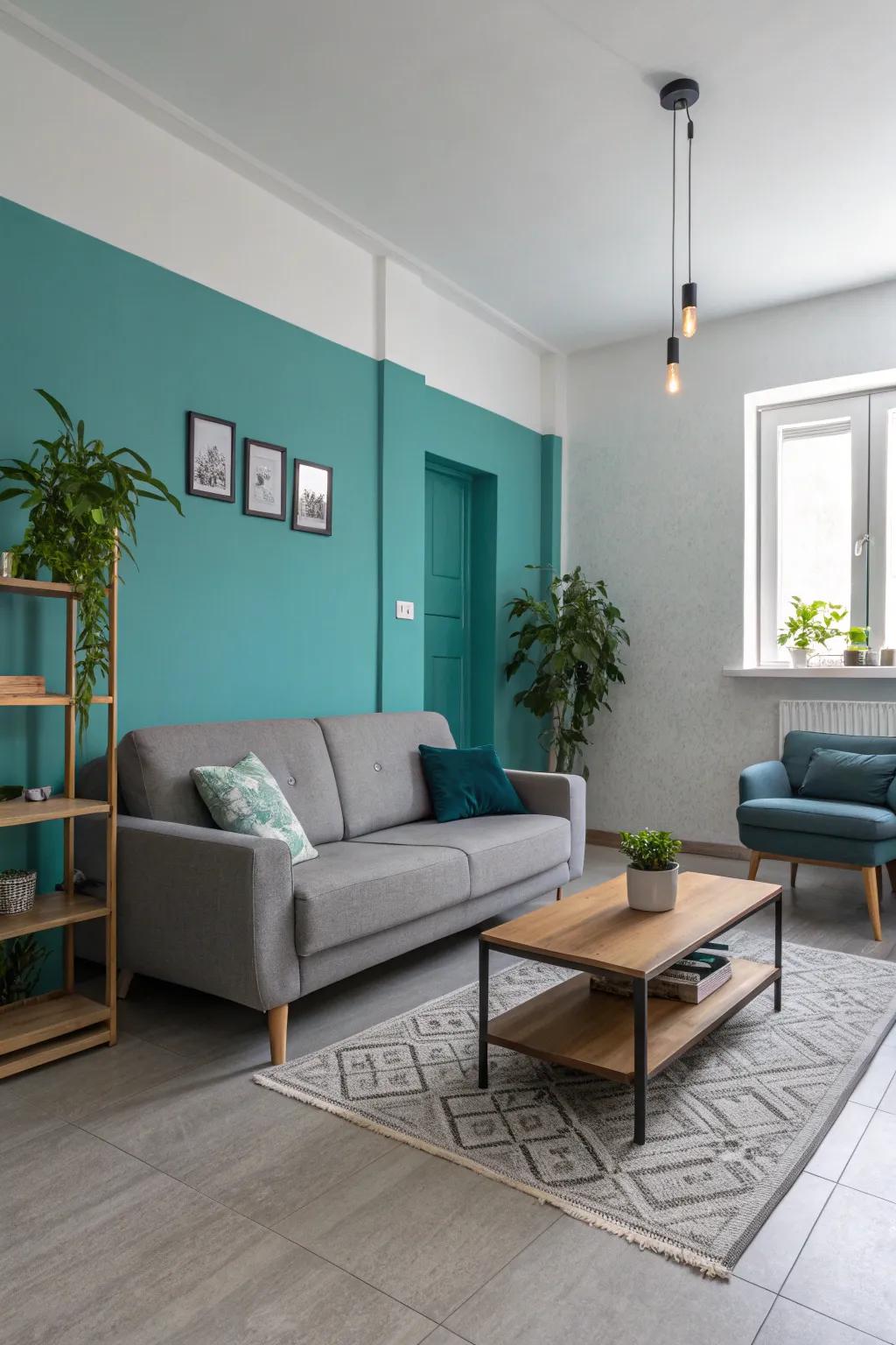 A minimalist approach in teal and gray creates a serene living space.