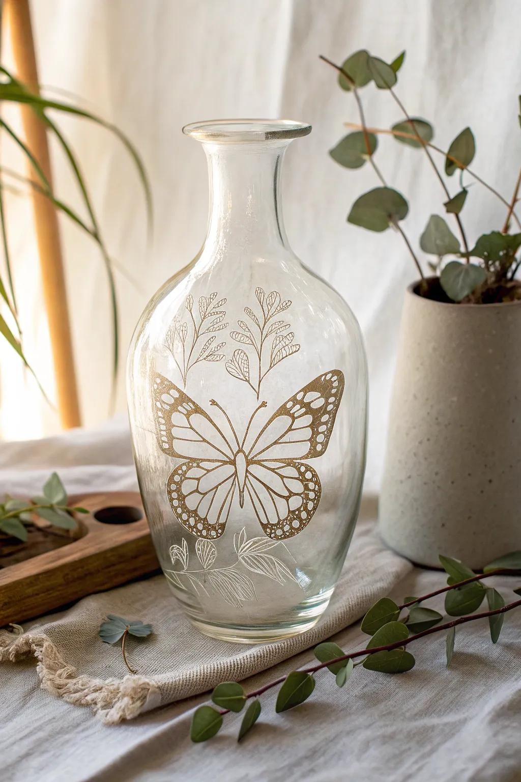 Elevate your decor with the timeless loveliness of etched butterfly glassware. #ScandiBoho #Craftsmanship
