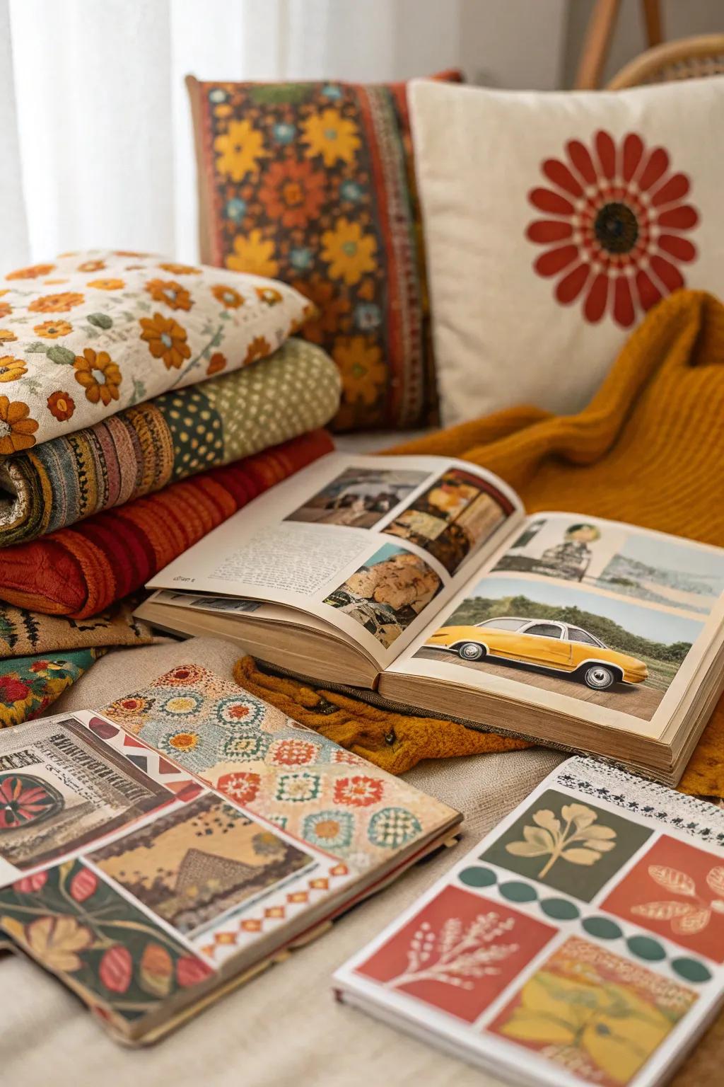 A retro mood board showcasing vintage and nostalgic details.