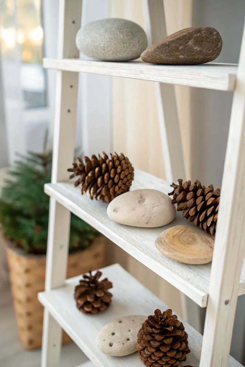 Tidy shelving enhanced with natural decor items.