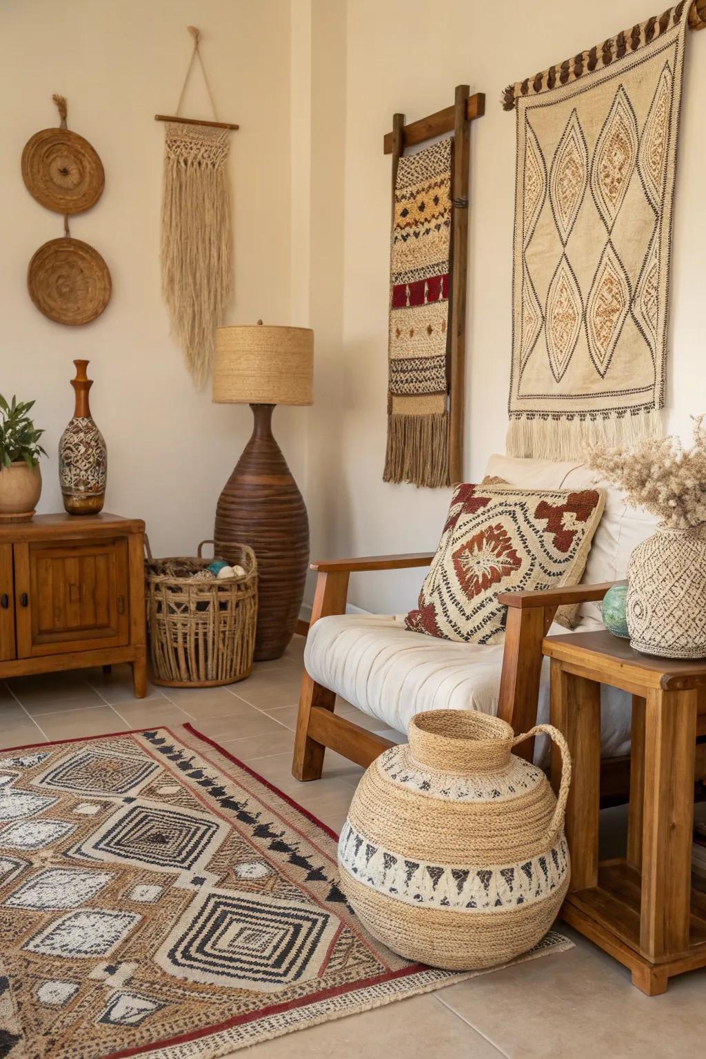 Regional artisan decor adds cultural depth and uniqueness.