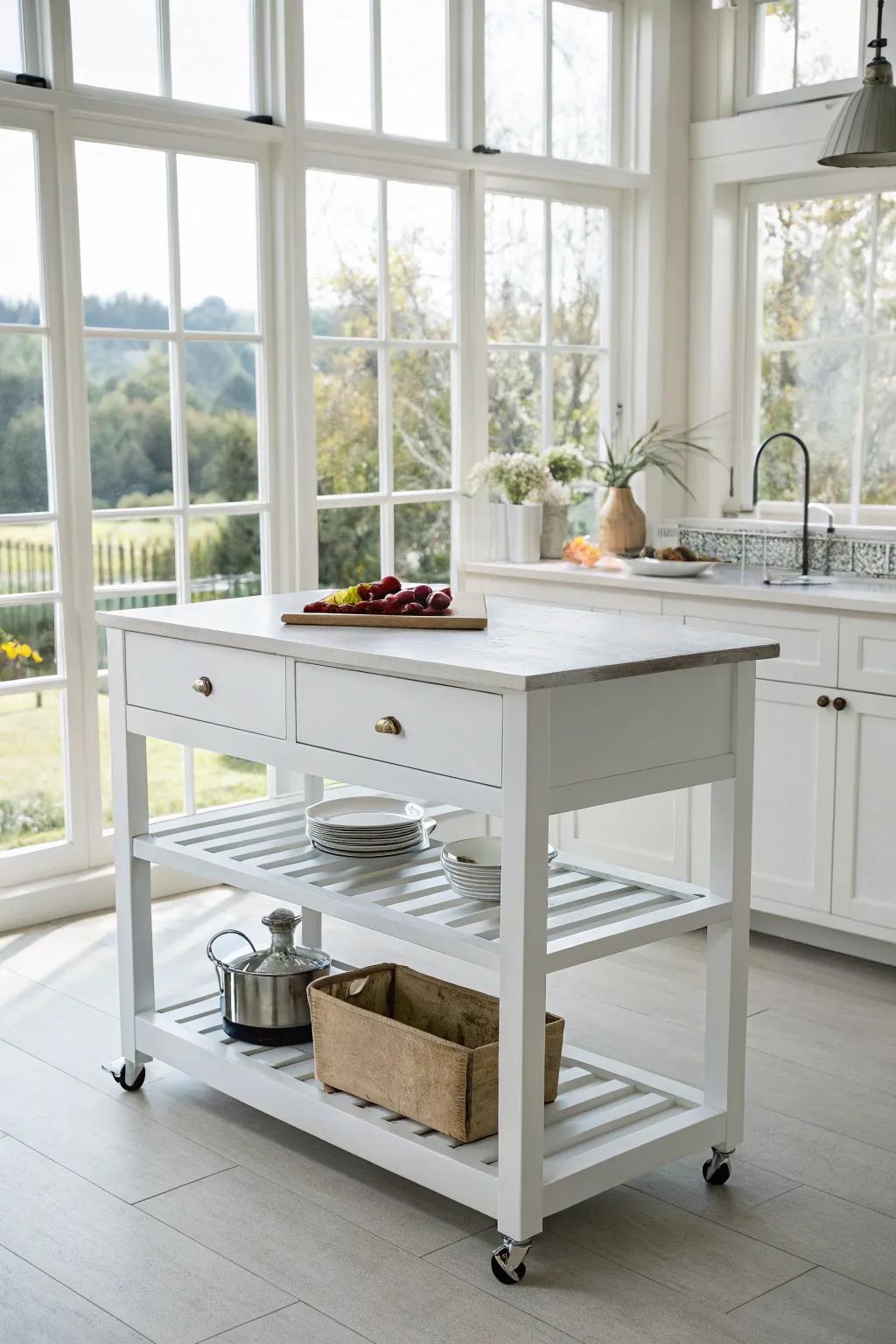 A kitchen island in white that is both fresh and elegant