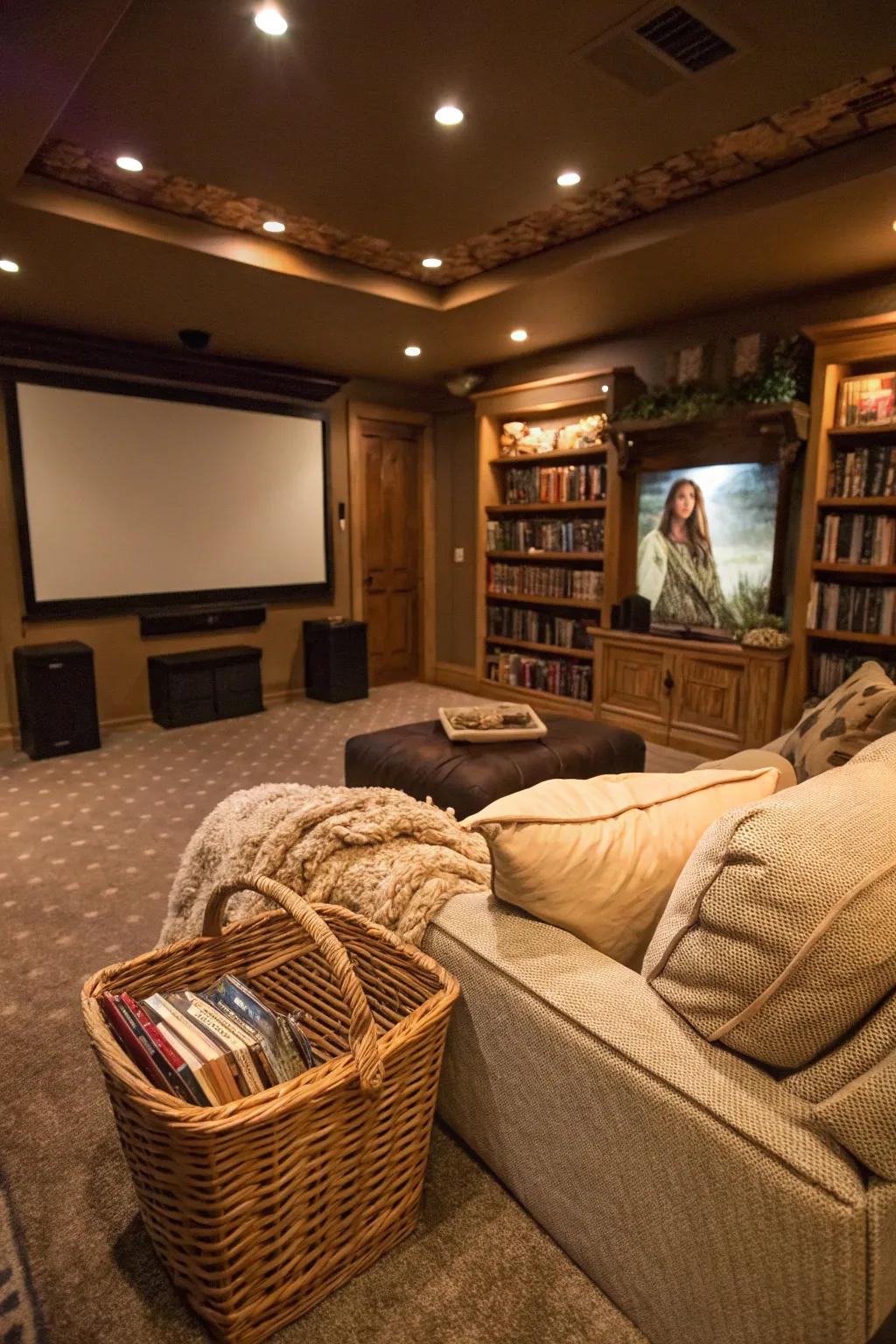 For an appealing viewing room experience, blankets are a comfortable addition.