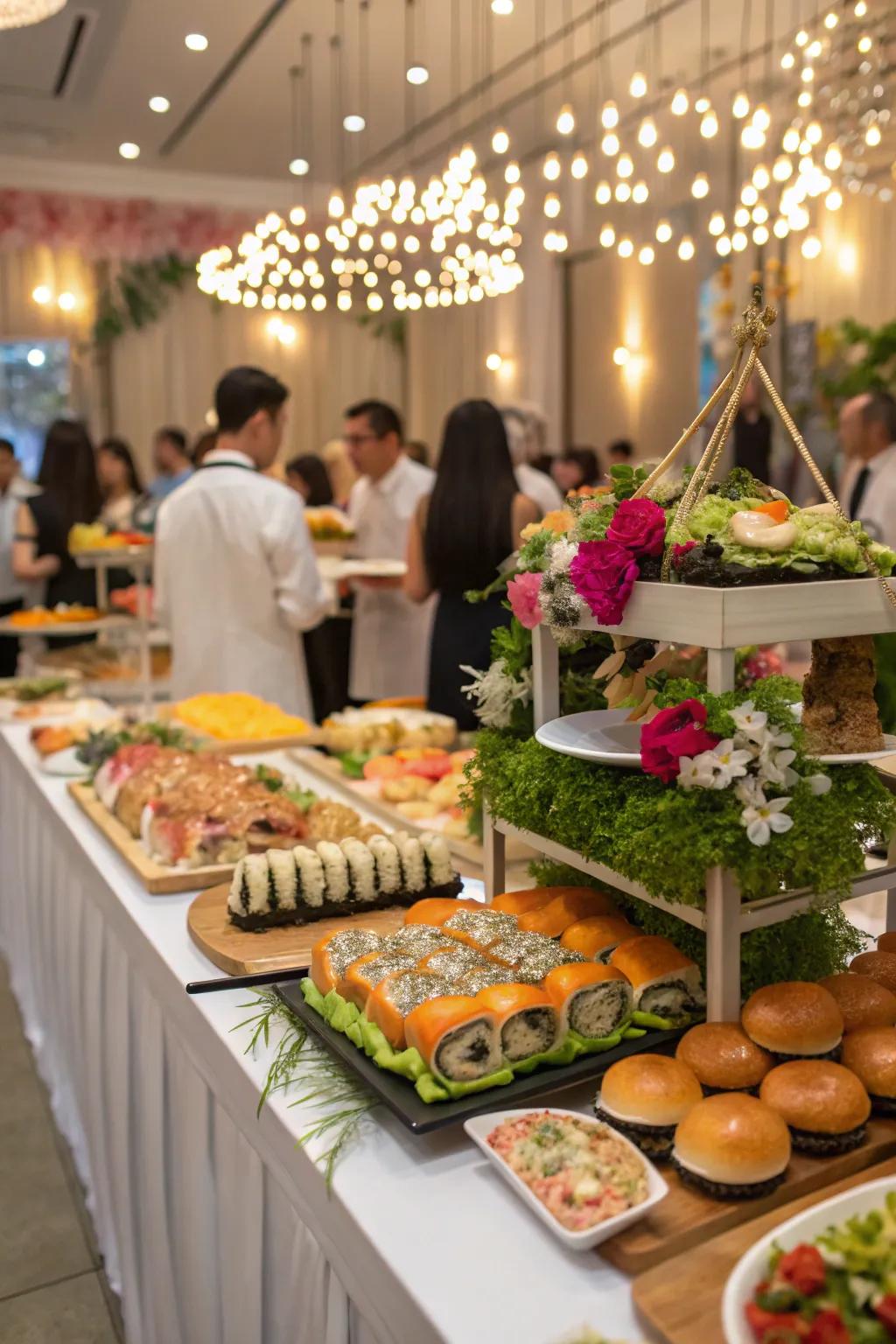 Themed food stations offer a varied culinary experience.