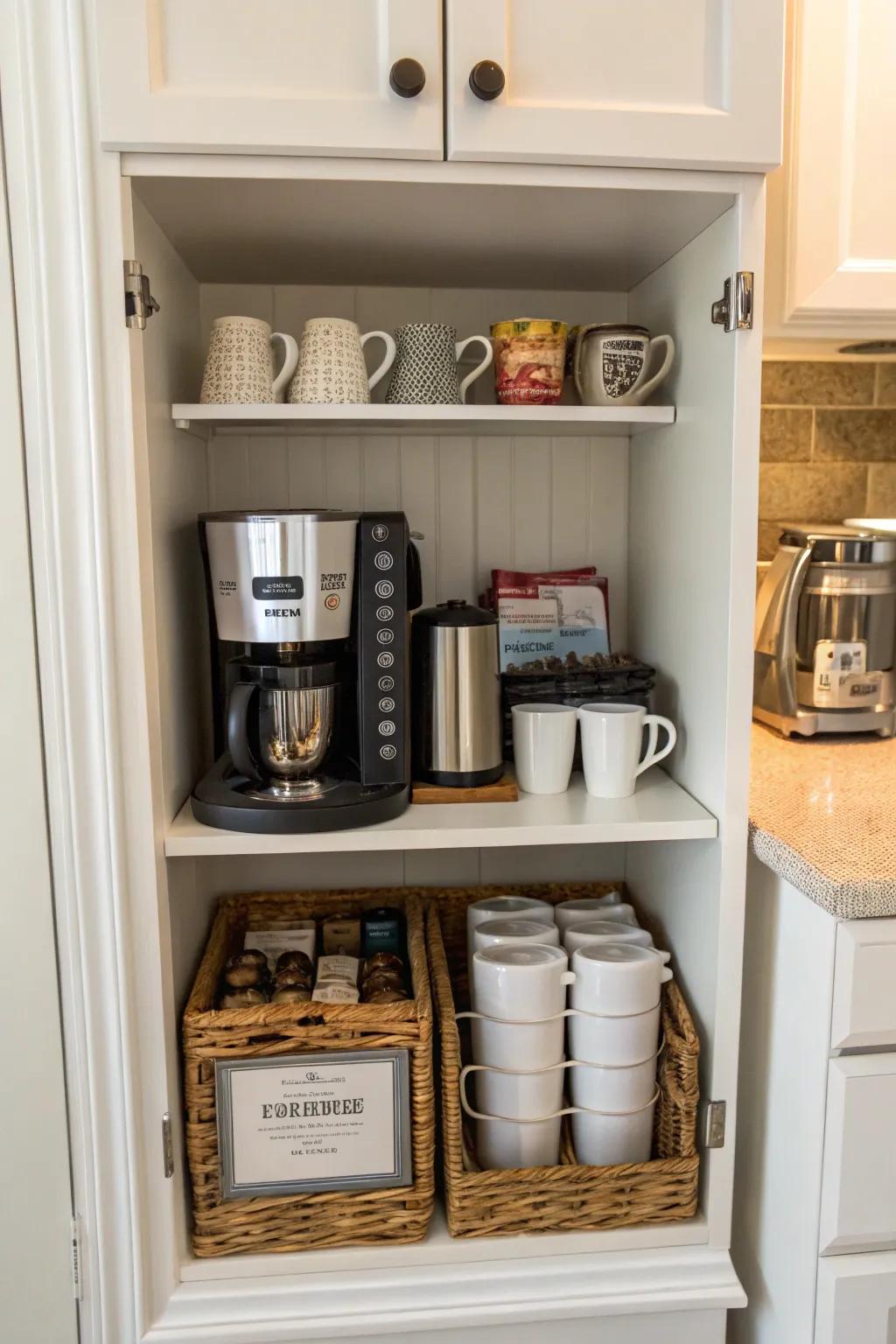 A slim cabinet acting as a convenient mini coffee corner.