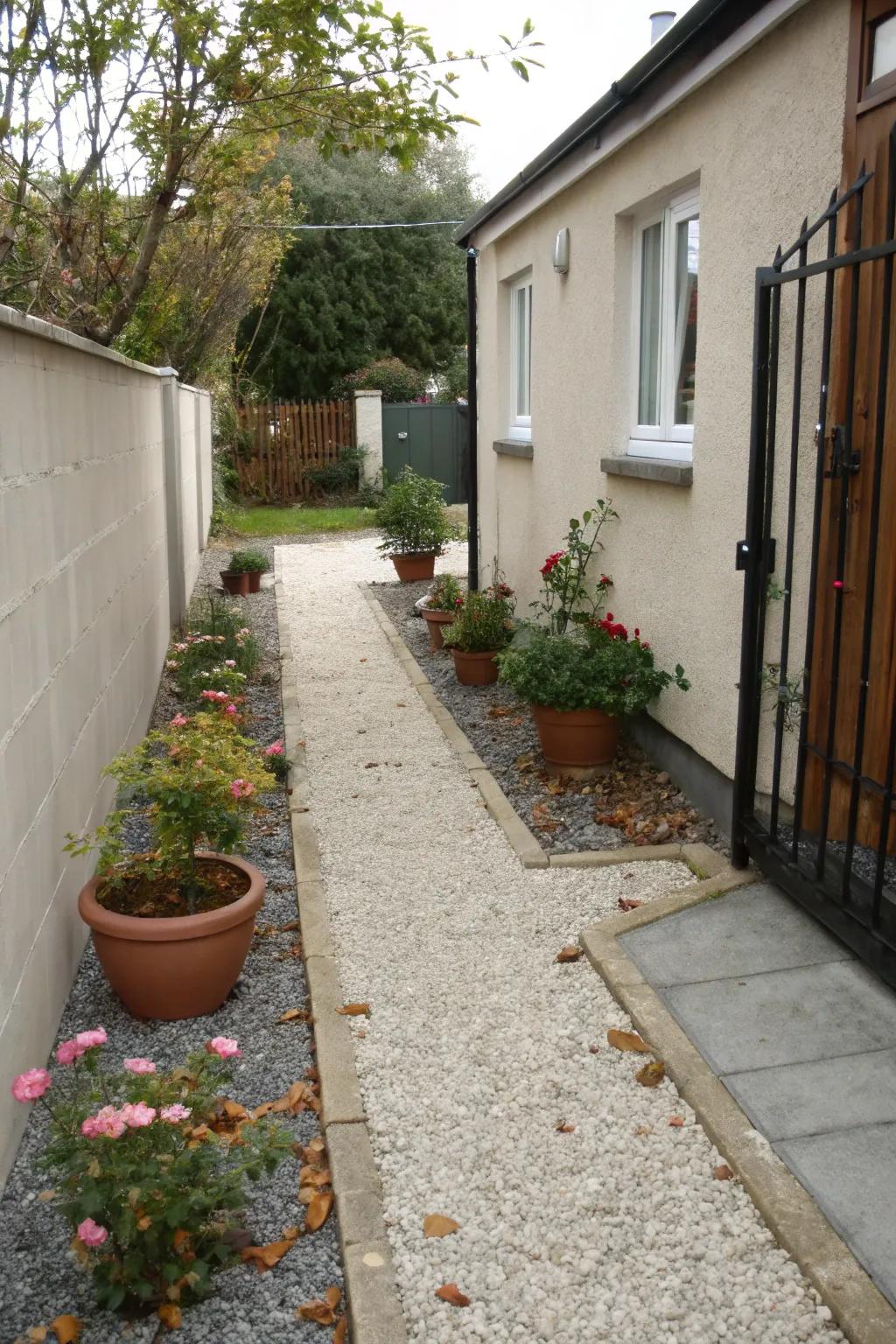 Gravel offers a practical and stylish ground cover for narrow side yards.