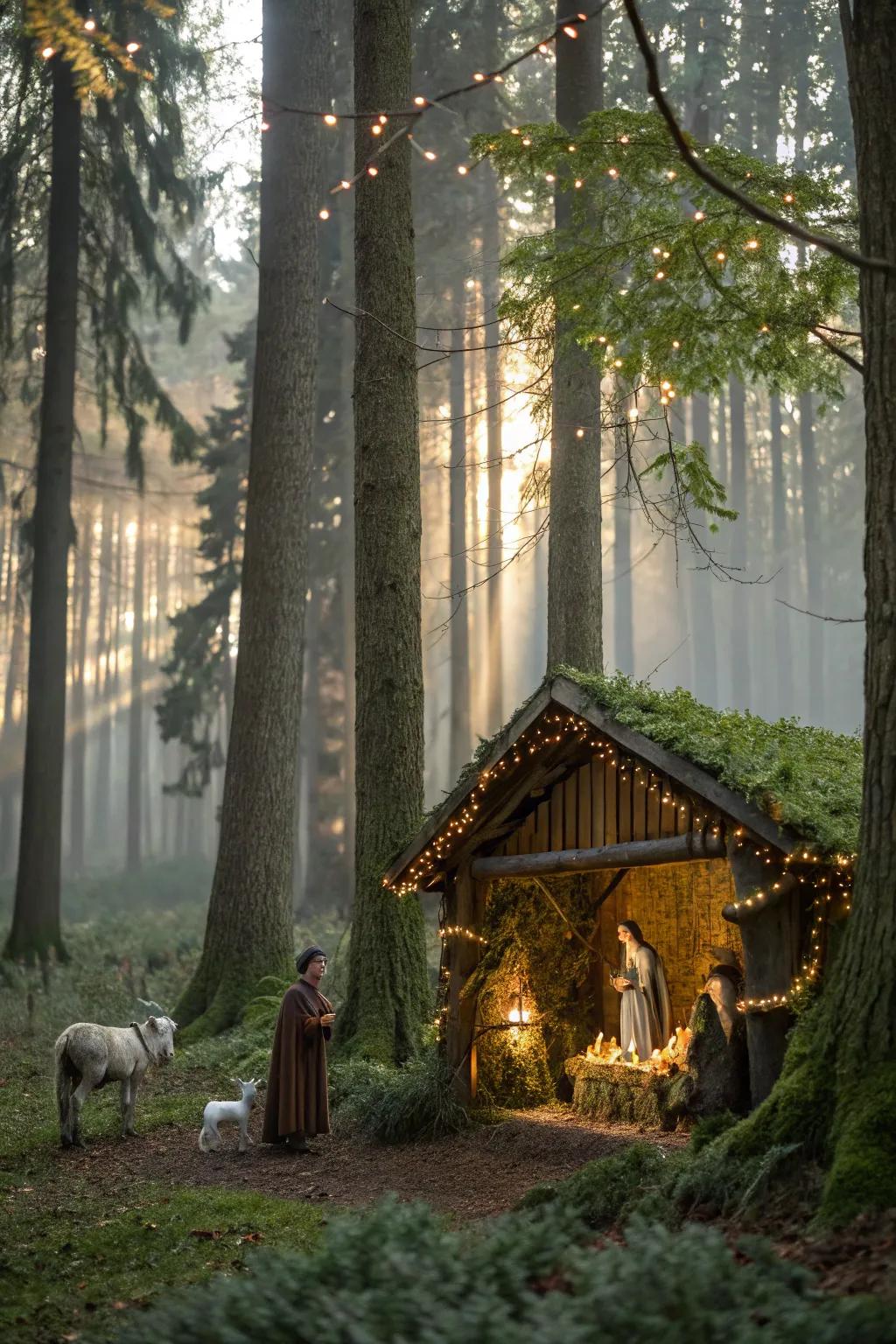 A magical forest backdrop contributes a whimsical touch to your nativity.